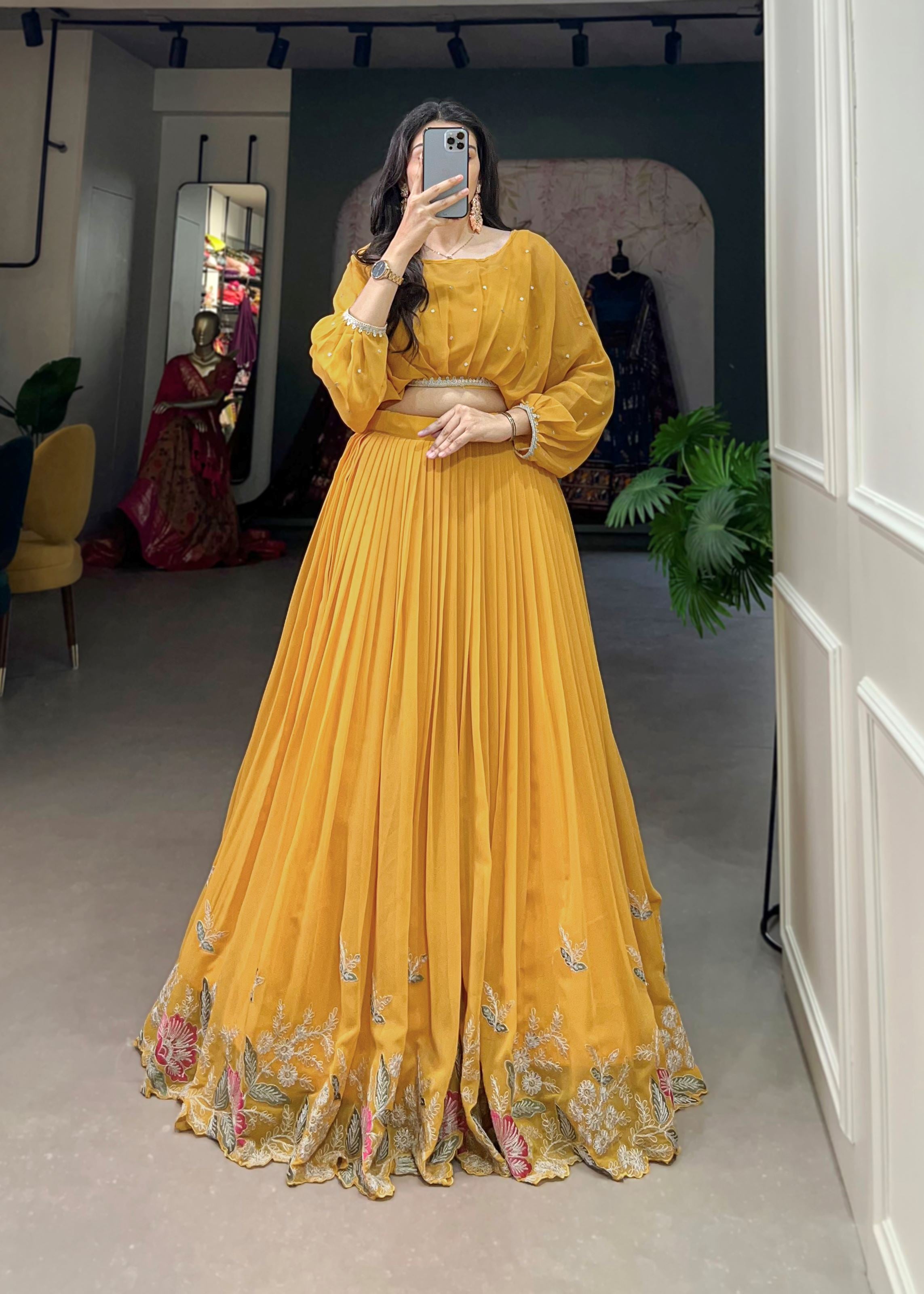 Mustard Georgette Lehenga with Sequin and Thread Detailing Light Elegant