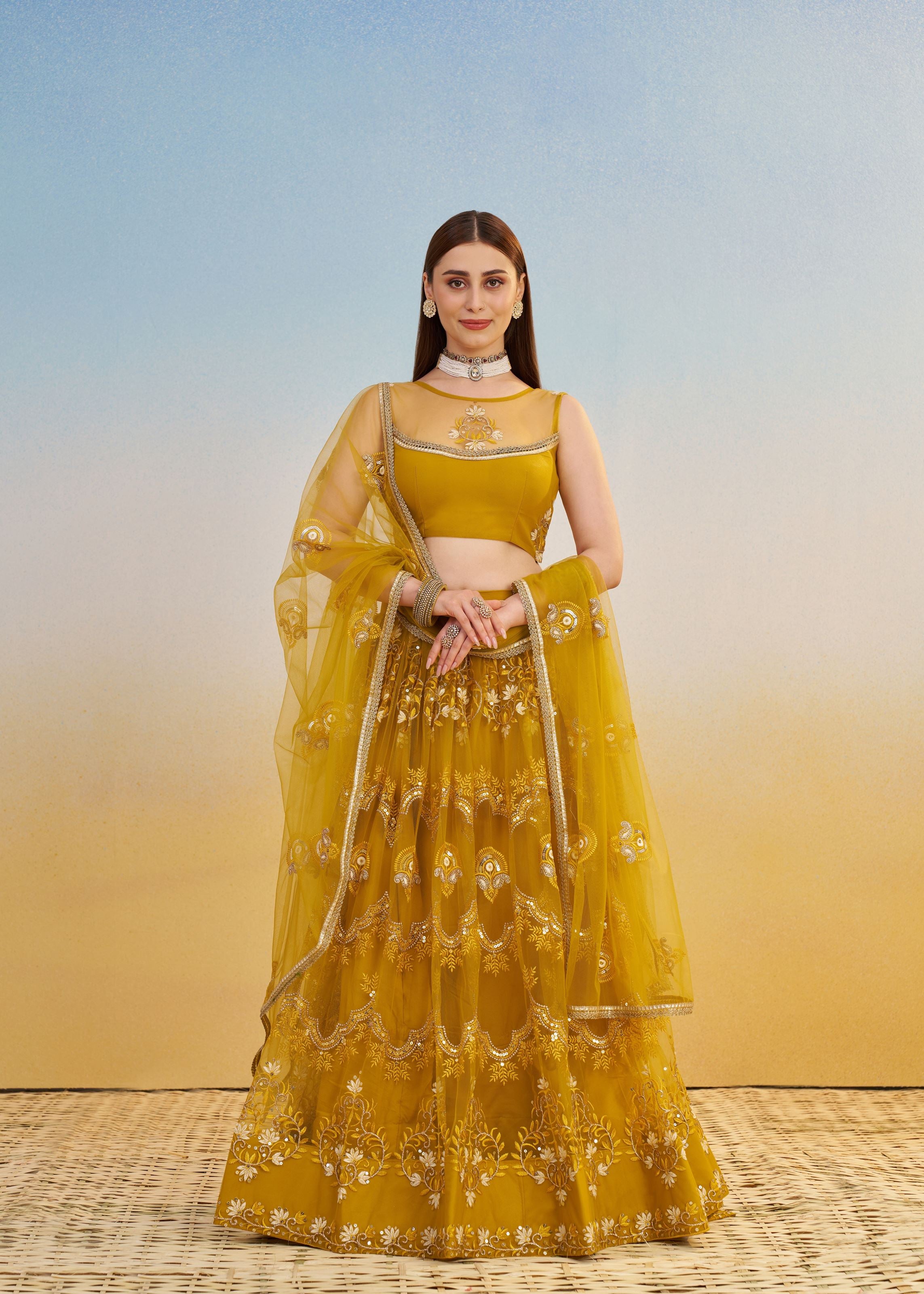 Mustard yellow Lehenga Choli With Tone To Tone Thread Work Zari Work and Sequence Work Embroidery With Readymade Fancy Lace