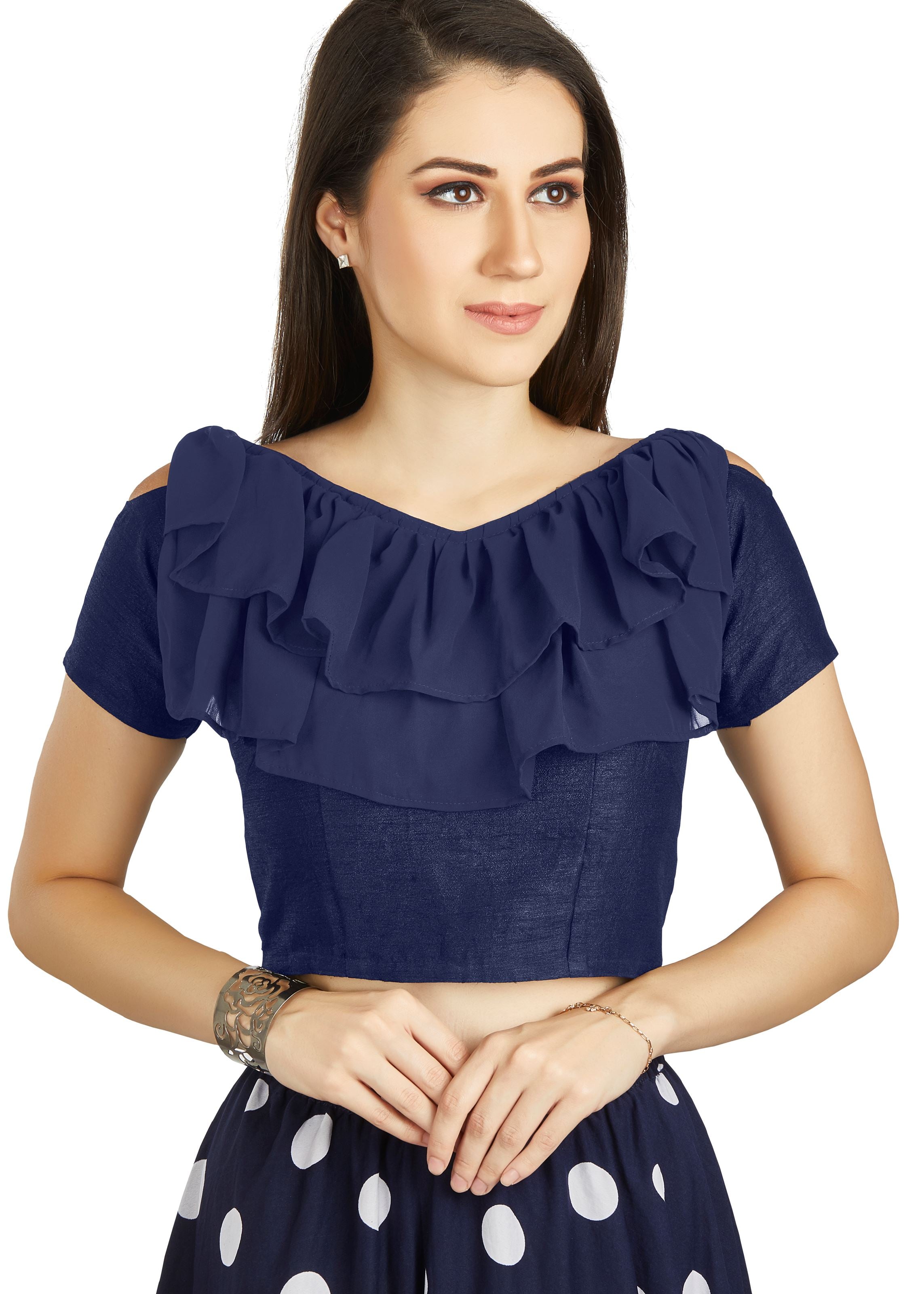 Navy Blue Art Silk V Neck Blouse With Frill neck Work