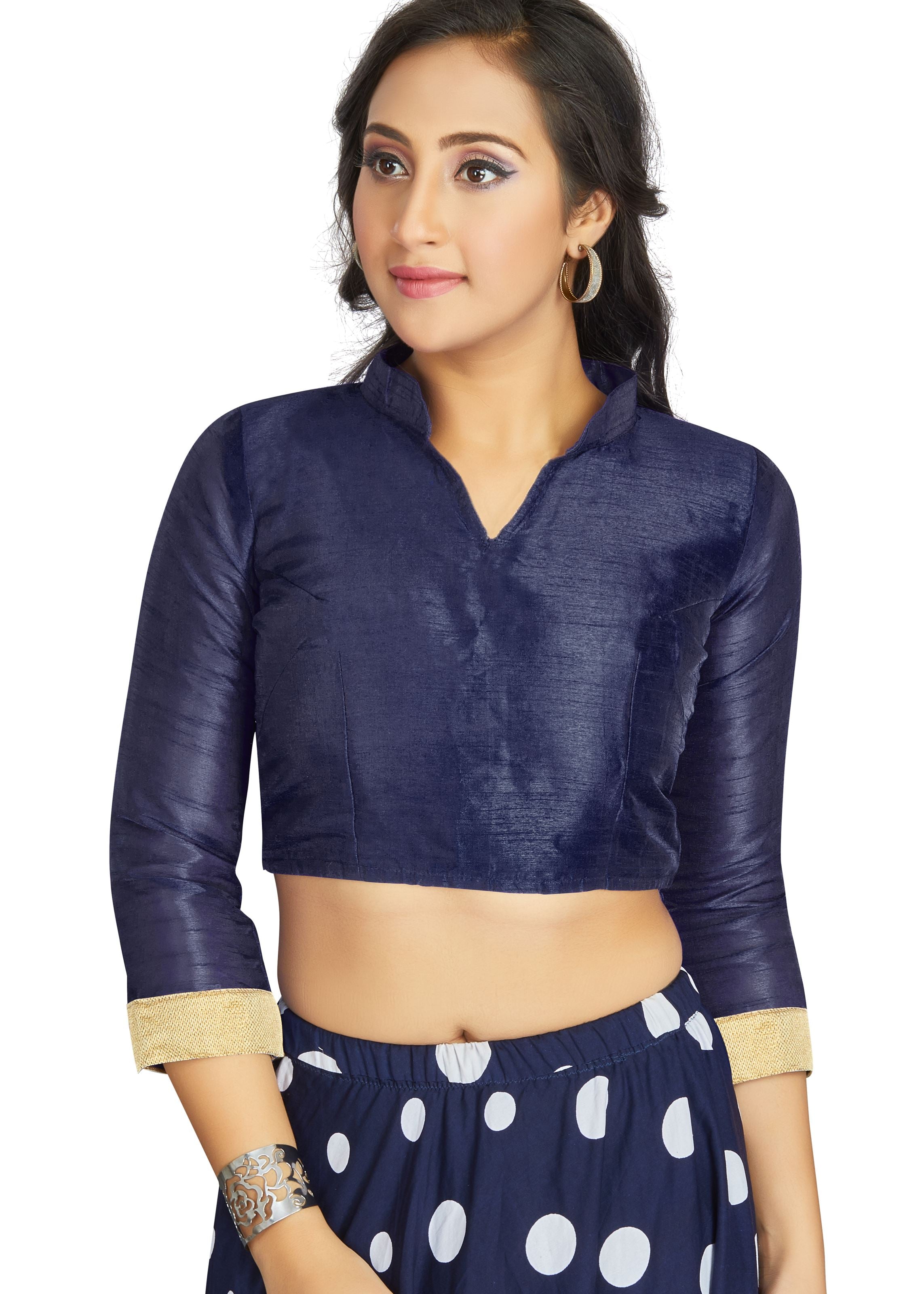 Navy Blue Art Silk V Neck Chinese Collar Blouse With Matty In Sleeve