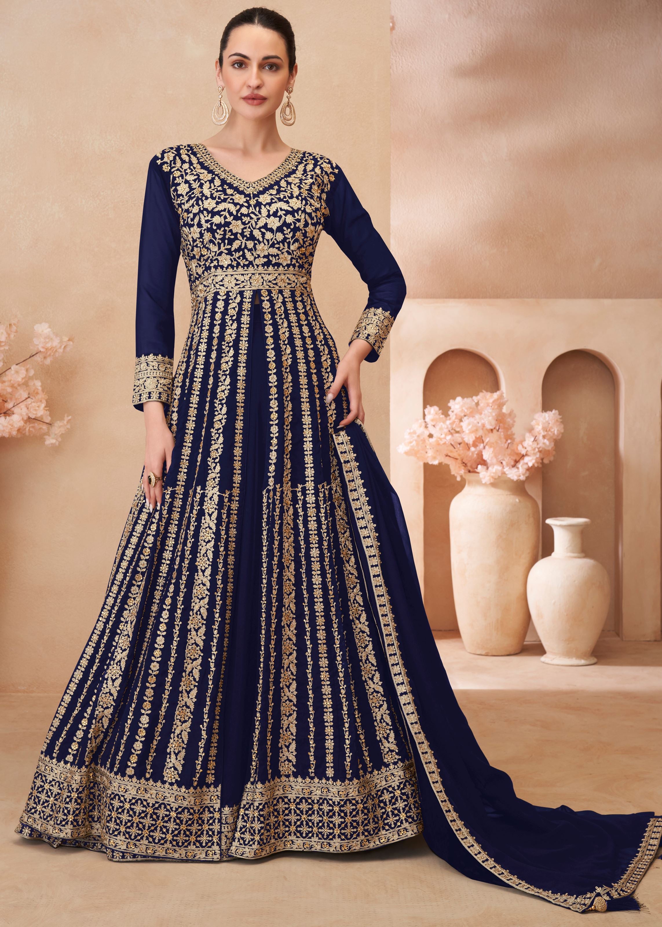 Navy Blue Top-Lehenga With Embroidery With Sequins Work (Free Size Stitched Upto 42)