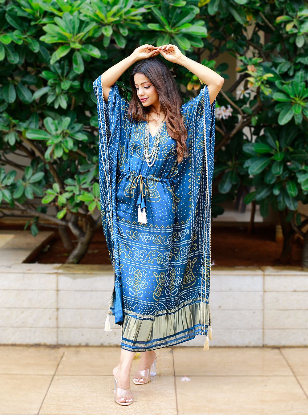 Navy blue Color Pure Gaji Silk Kaftan with Gotta Patti Tassels