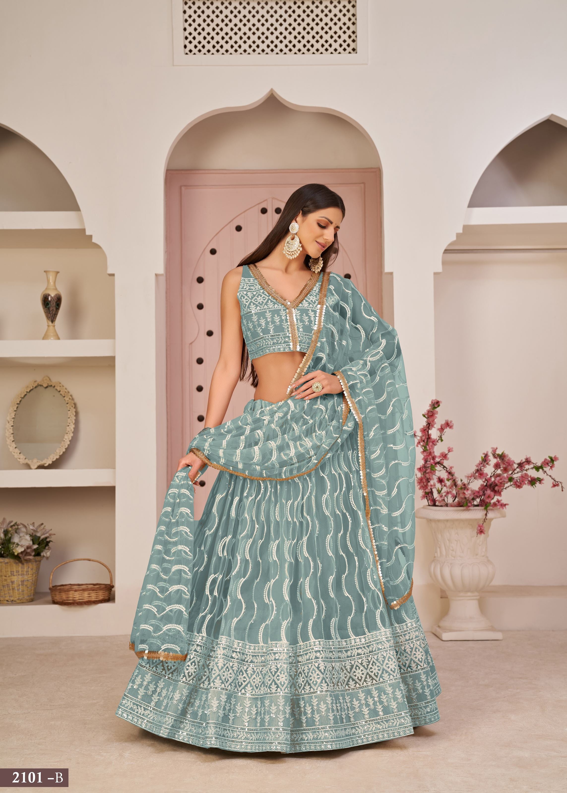 OceanBlue Net Lehenga Choli With Thread Embroidery Work