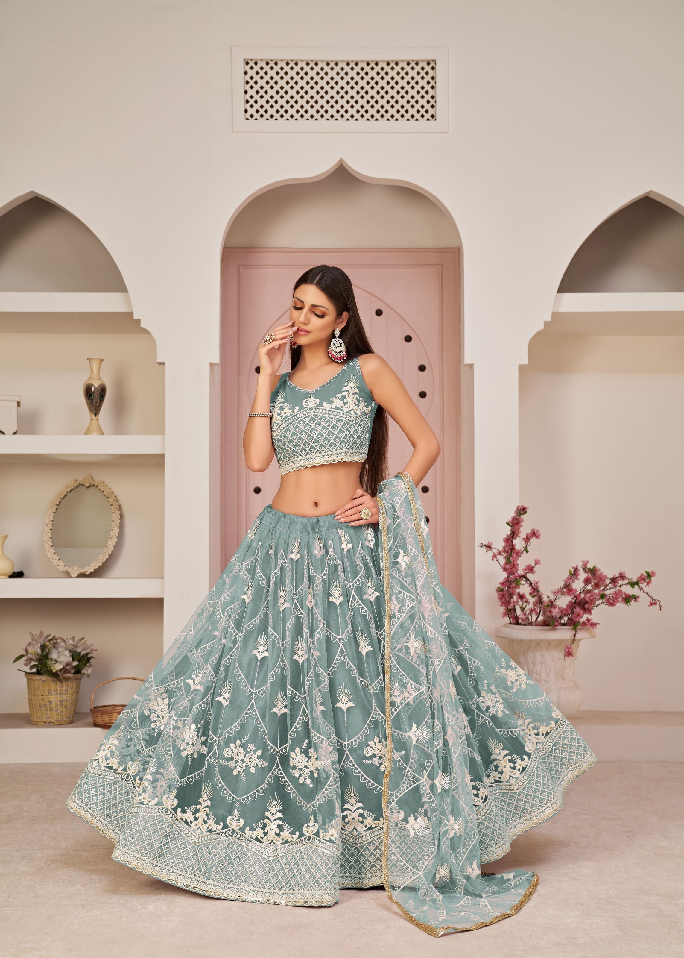 OceanBlue Net Lehenga Choli With Thread Embroidery Work