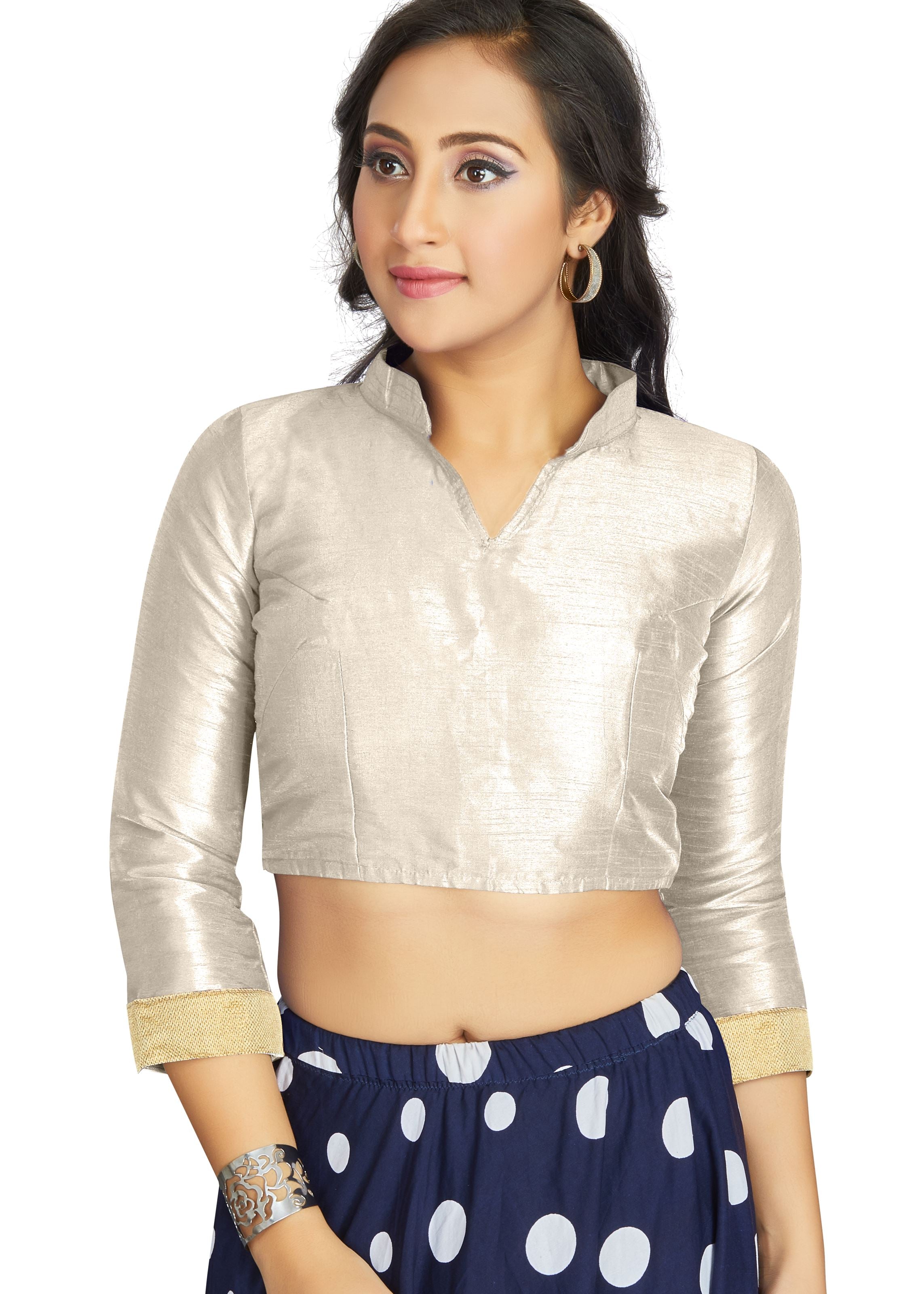 Off White Art Silk V Neck Chinese Collar Blouse With Matty In Sleeve