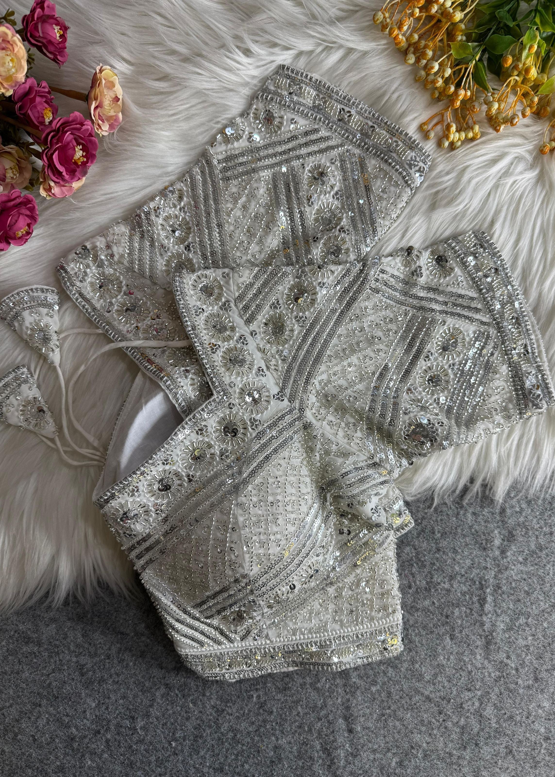 Off White Handcrafted Royal Saree Blouse with Zari & Mirror Work