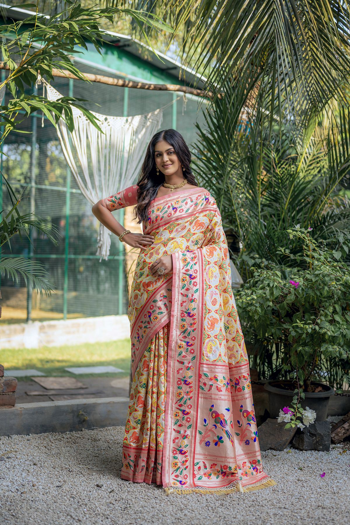 Off White Paithani Silk Saree with Meenakari Zari and Pallu