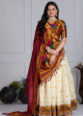 Offwhite Lehenga Choli With Jacquard With Zari Weaving With Embroidery Lace Attached