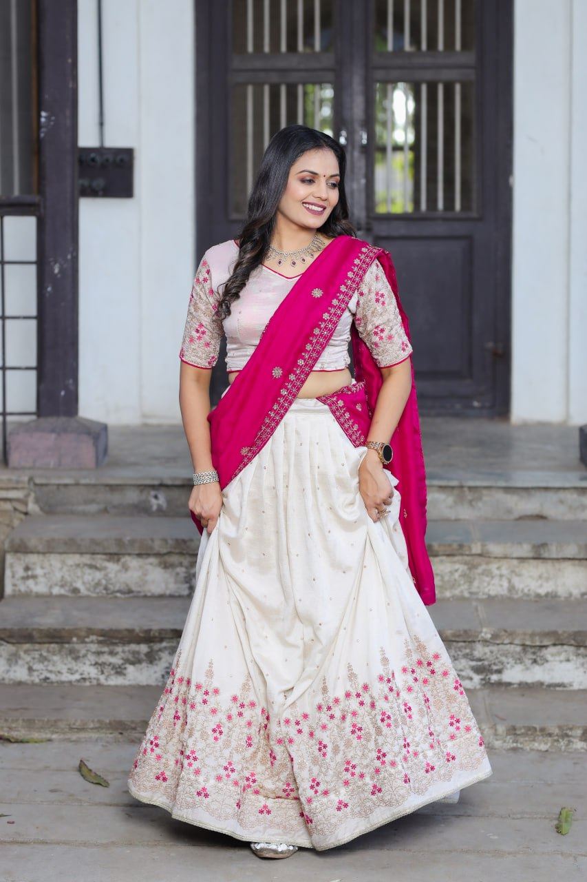 Off-White Lehenga Choli with Sequins and Thread Embroidery Work