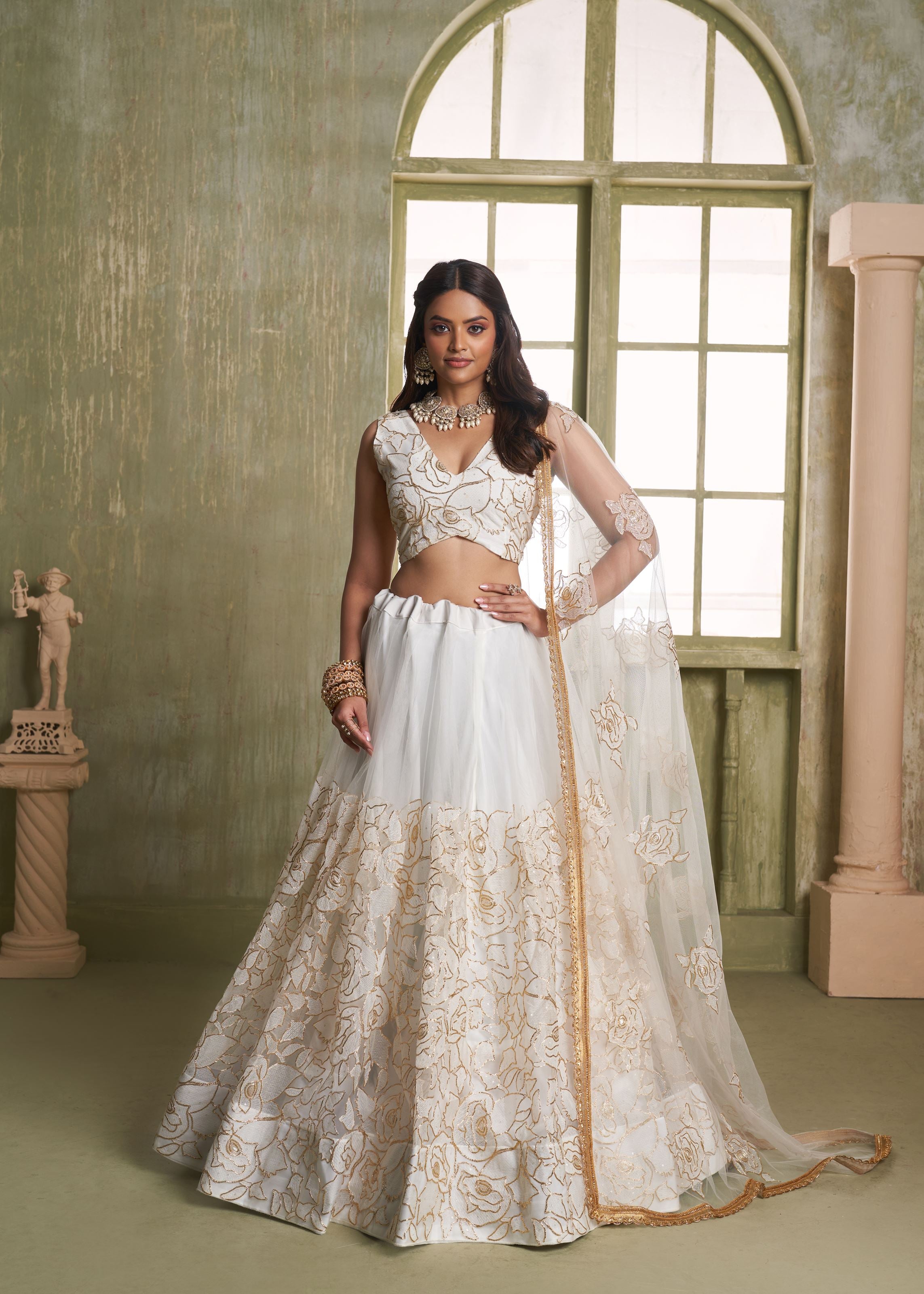 Offwhite Net Lehenga with Zari and Tone-to Tone Sequins