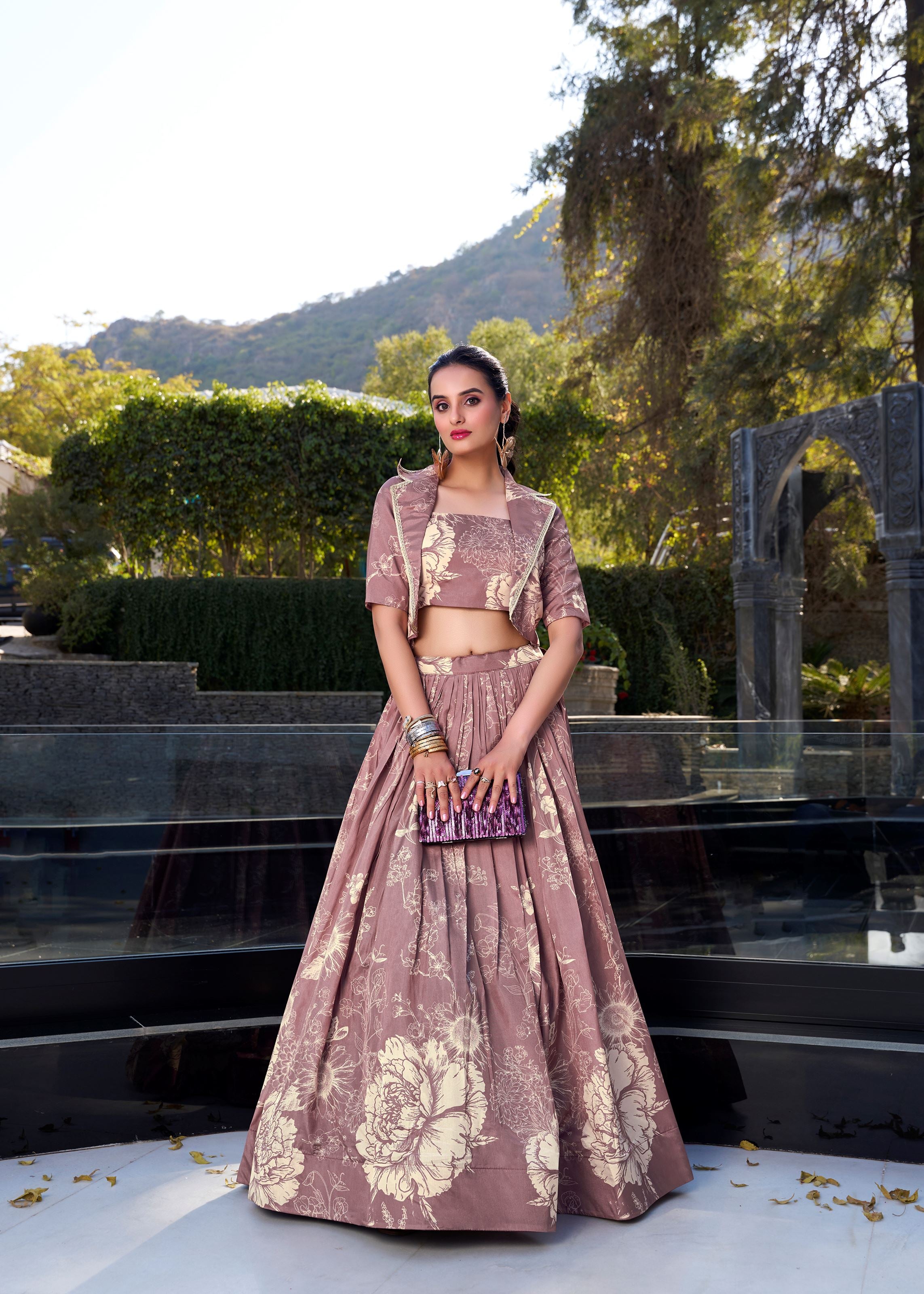 Onion Grace in Bloom Tussar Silk Floral Print Lehenga