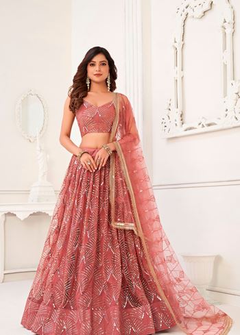 OnionPink Net Lehenga Choli With Thread Embroidery Real Mirror Work