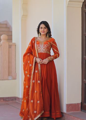 Orange Anarkali With Heavy Zari Sequins Embroidered work