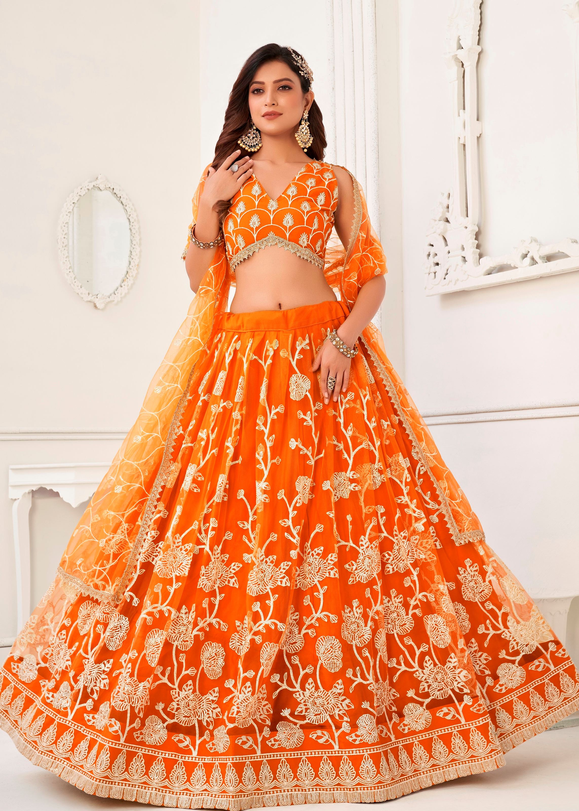 Orange Butterfly Net Lehenga Choli With Embroidery And Sequins Work