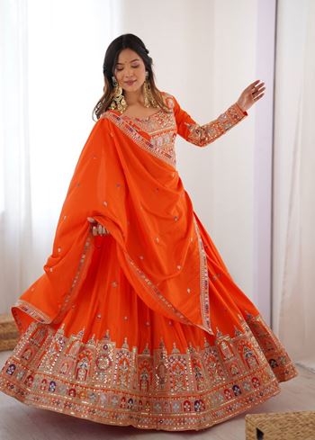 Orange Lehenga Choli With Coding Dori With Thread Sequnce Work
