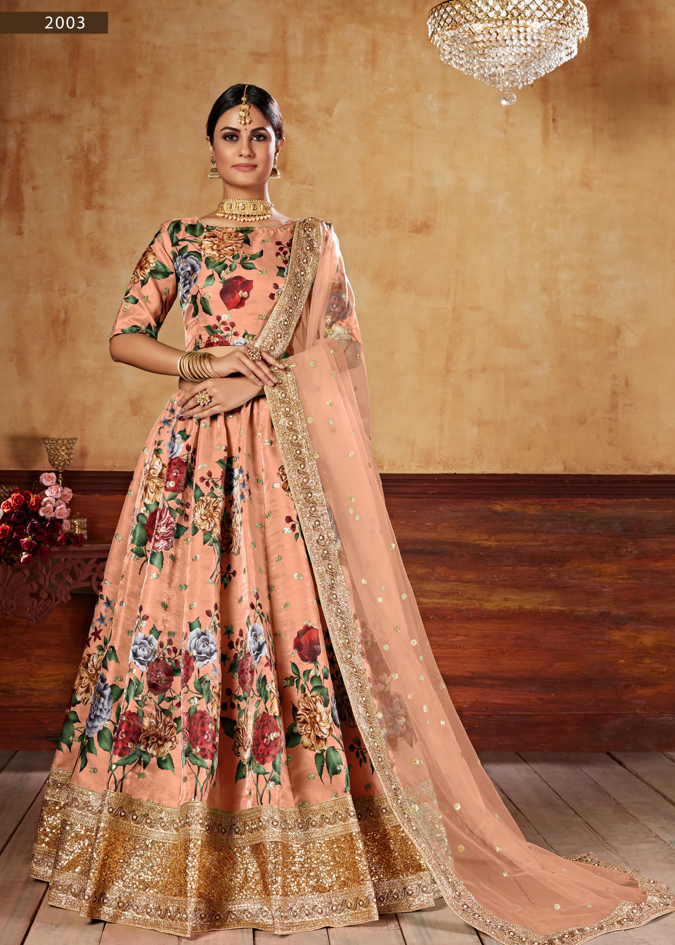 Orange Lehenga Choli With Digital Print And Dori With Jari Sequins Butti,Embroidered Border And Pearl Work