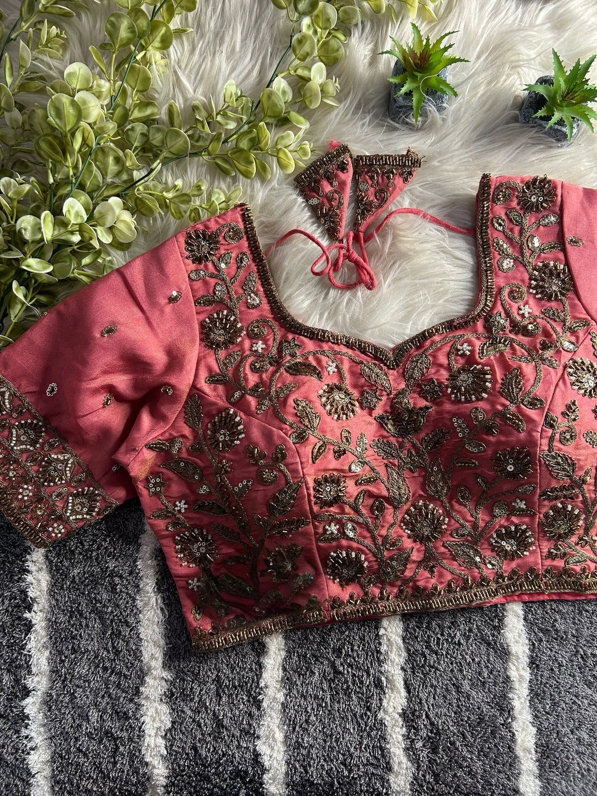 Peach Designer Embroidered Silk Blouse with Zari & Sequin Work