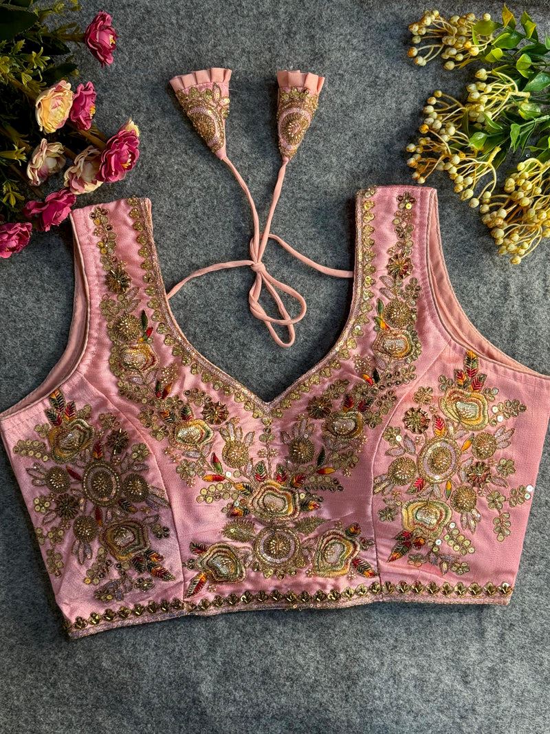 Peach Embroidered Blouse with Gold Work & Sleeves attached