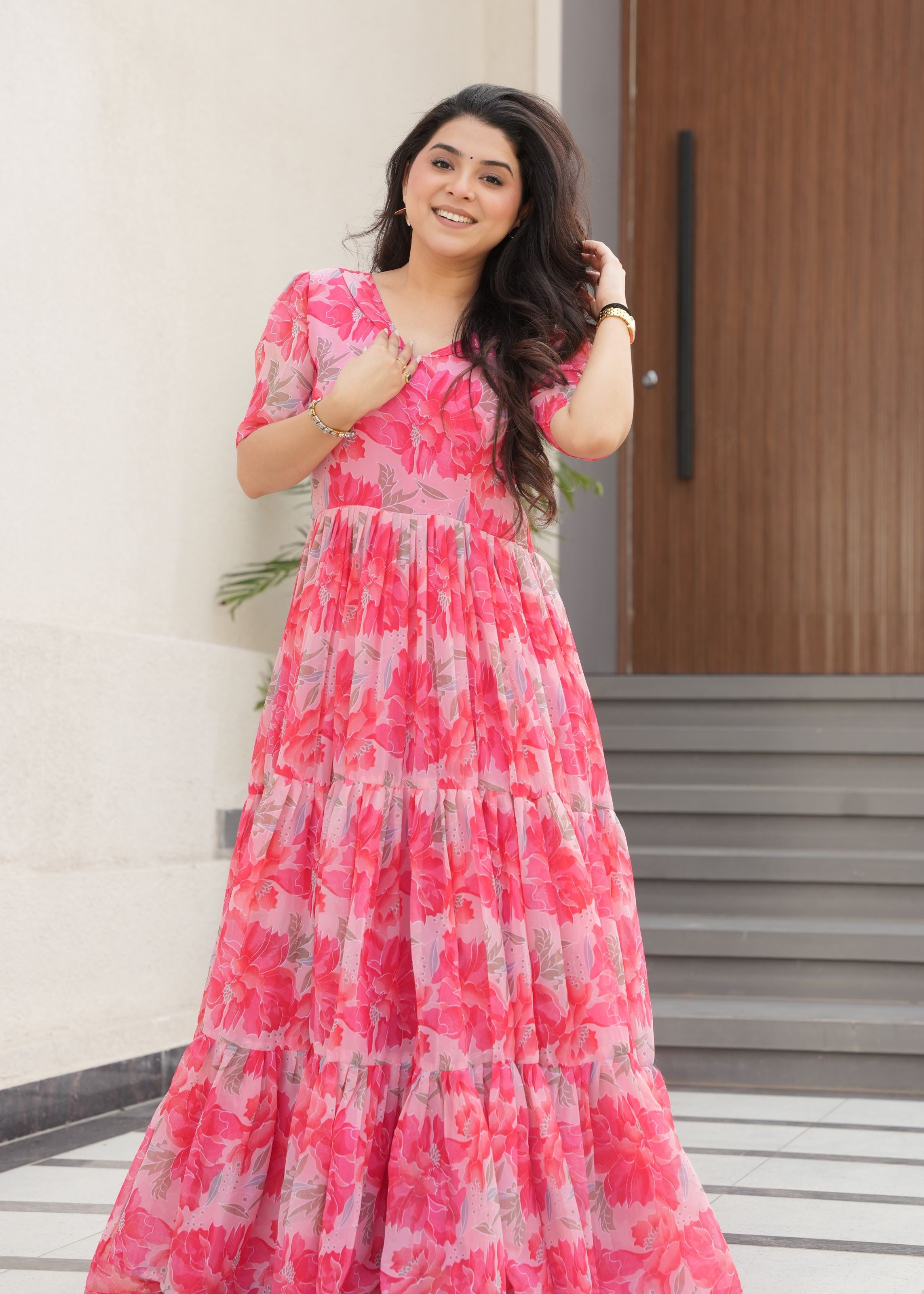 Peach Faux Georgette Gown With Printed