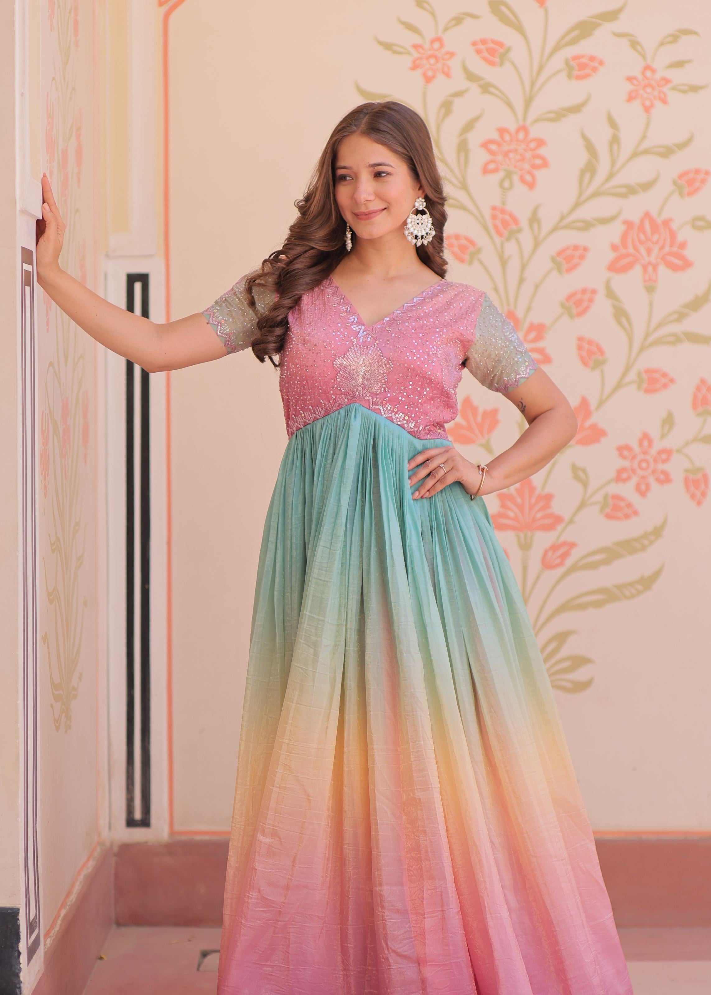 Peach Gold Crush Gown With Embroidered Work