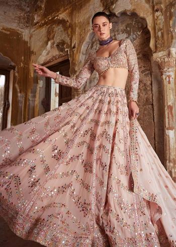 Peach Lehenga Choli With Paper Mirror Zari Thread Work