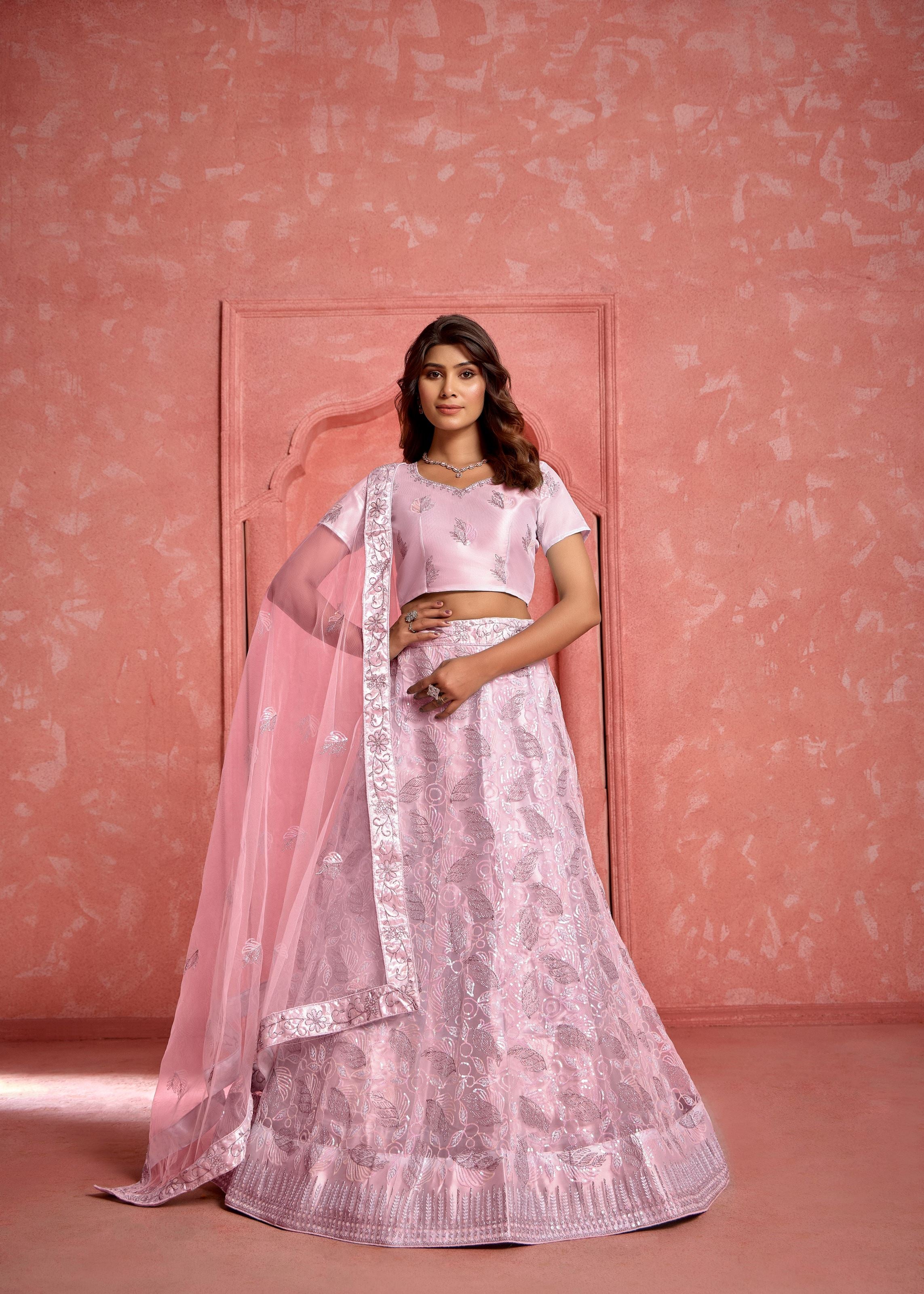 Peach Net Lehenga with Elegant Sequin Details