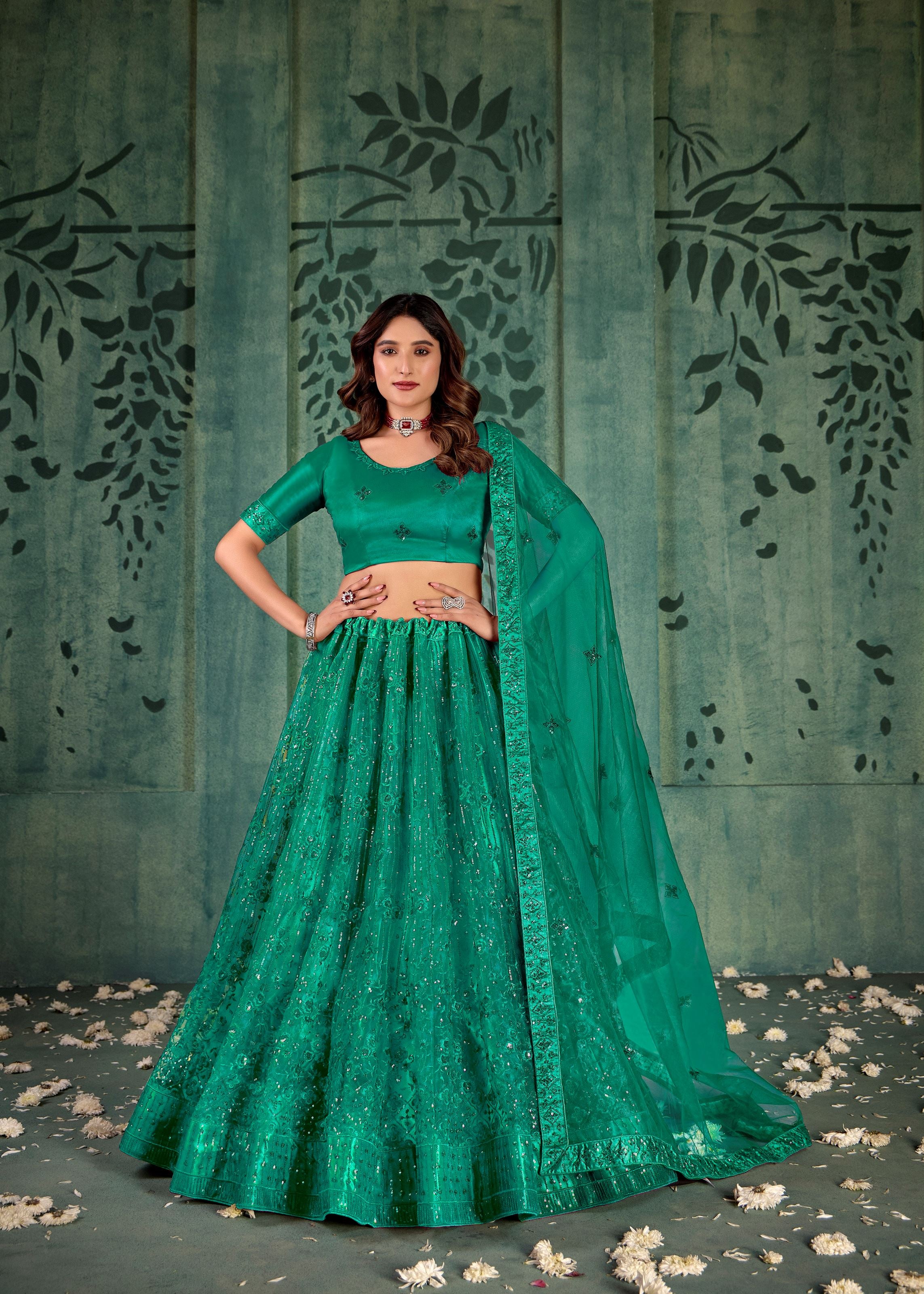 Persian Green Net Lehenga with Graceful Sequin Work