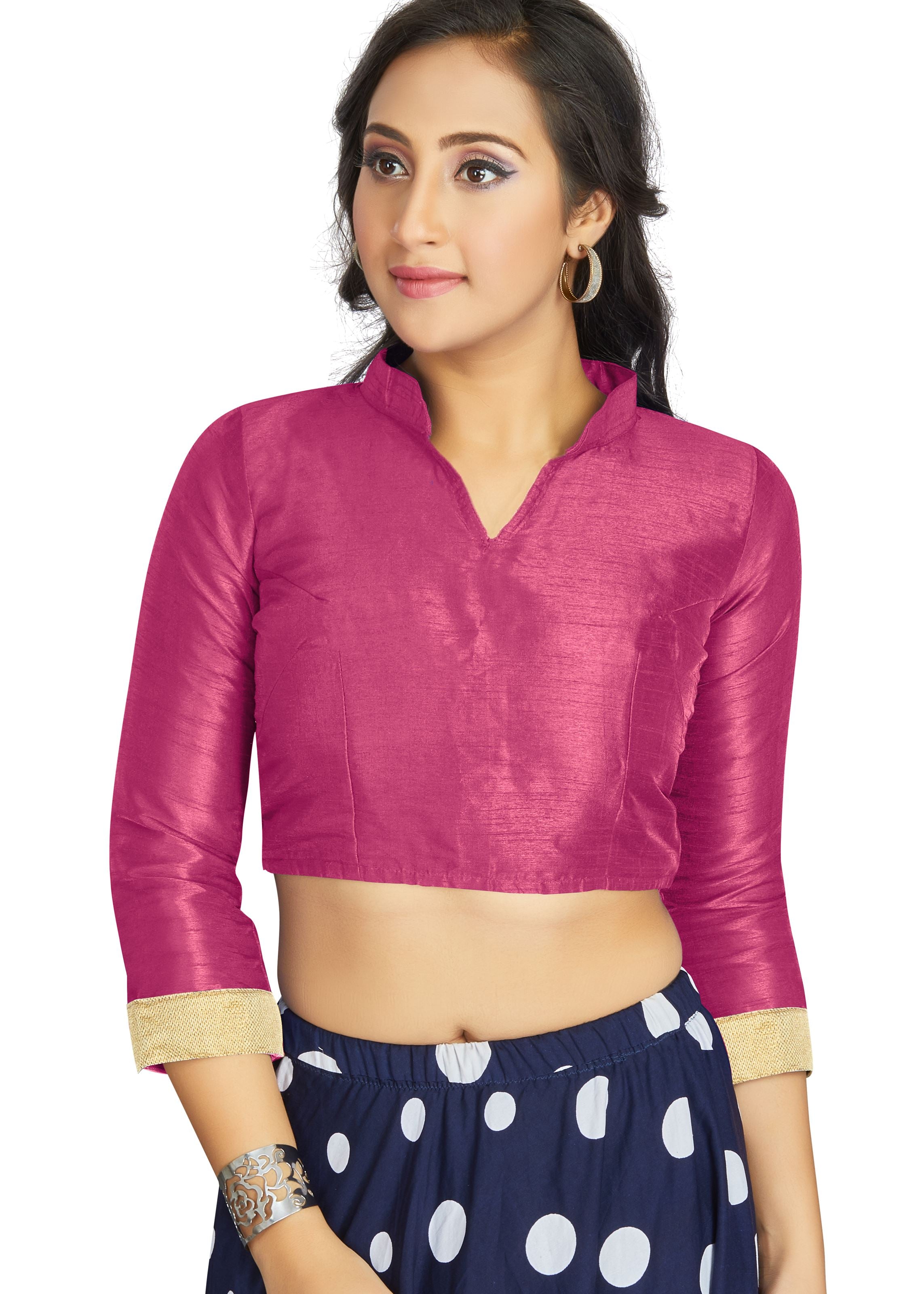 Pink Art Silk V Neck Chinese Collar Blouse With Matty In Sleeve