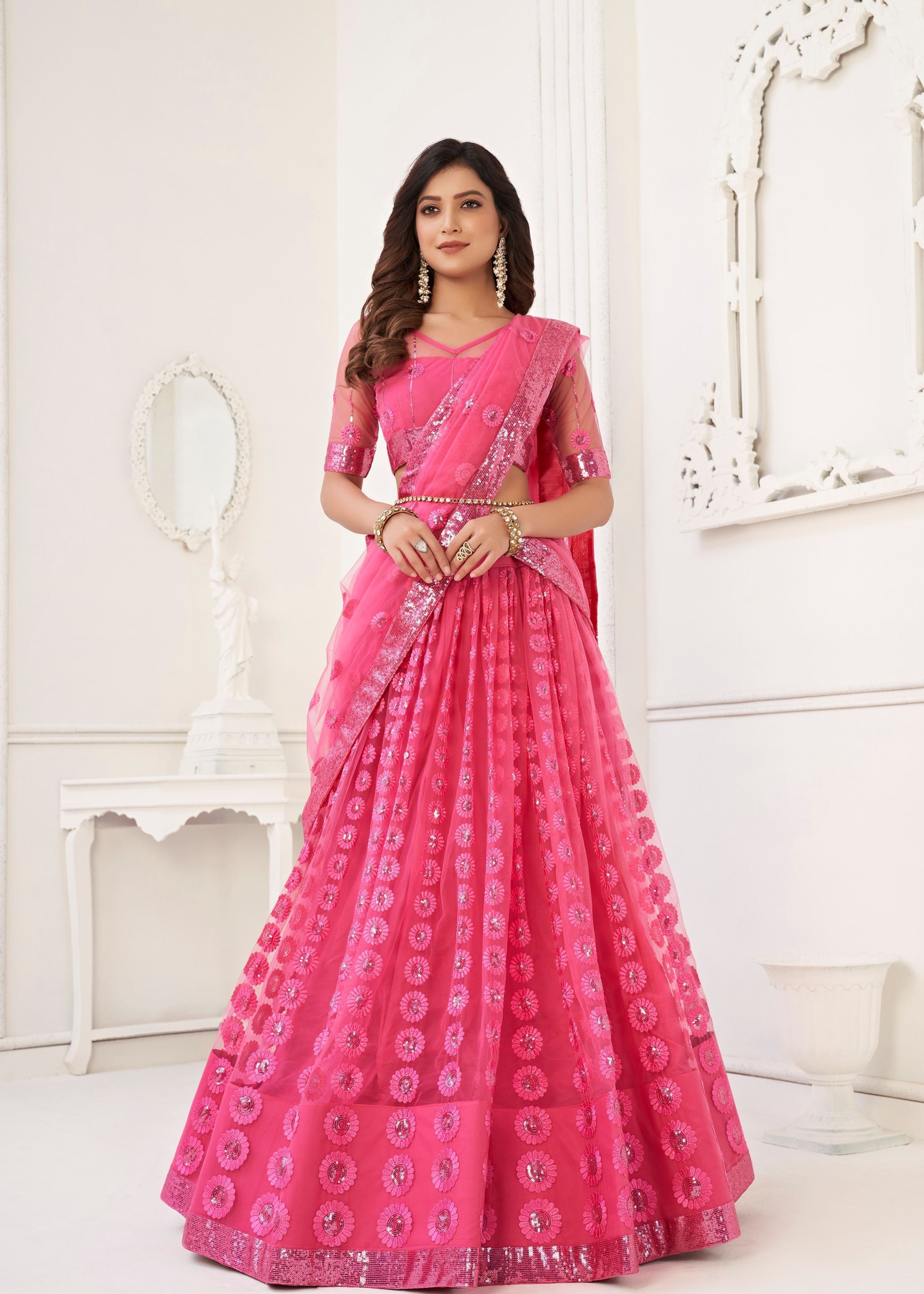 Pink Butterfly Net Lehenga Choli With Tone To Tone Thread Embroidery And Sequins Work