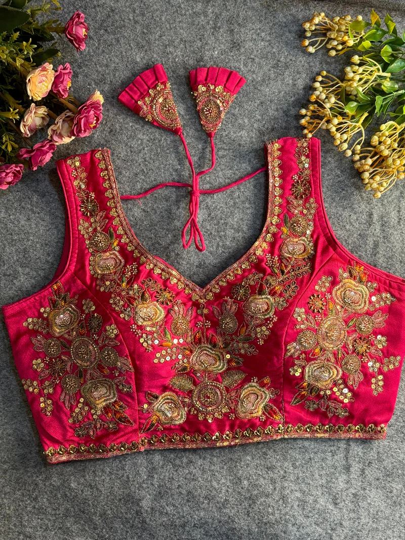 Pink Embroidered Blouse with Gold Work & Sleeves attached