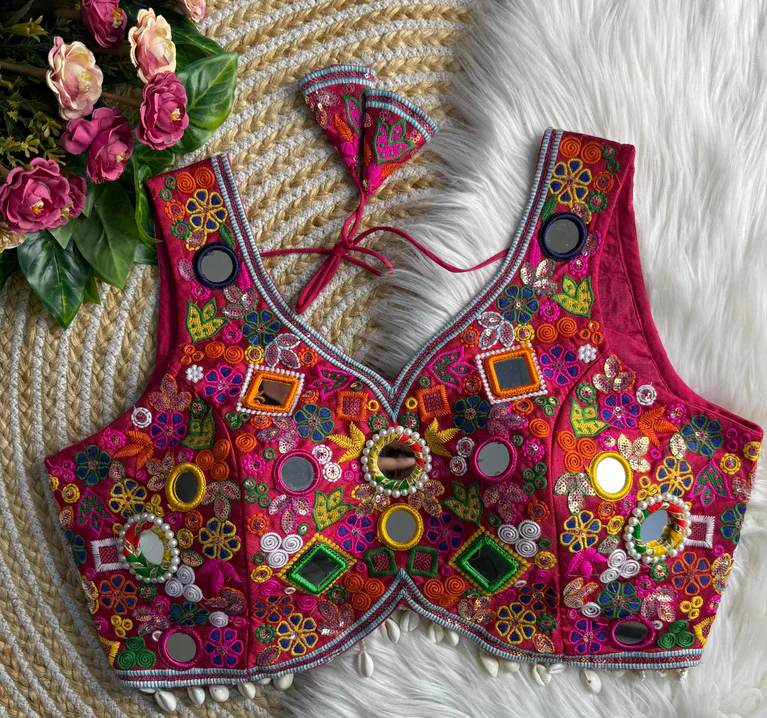 Pink Fancy Design Blouse With Gamthi Lace Mirror Work