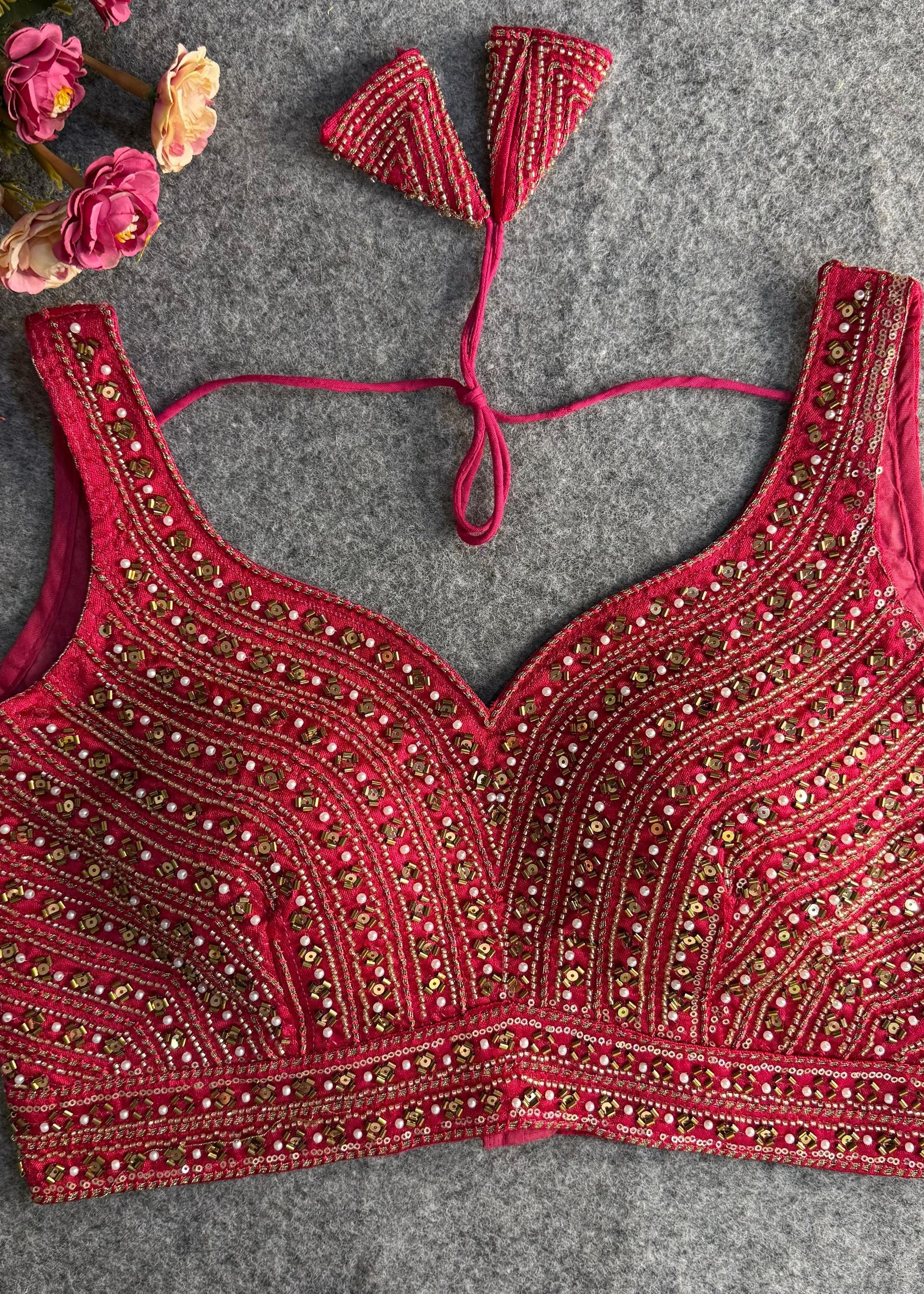 Pink Hand Embroidered Mirror Work Designer Blouse