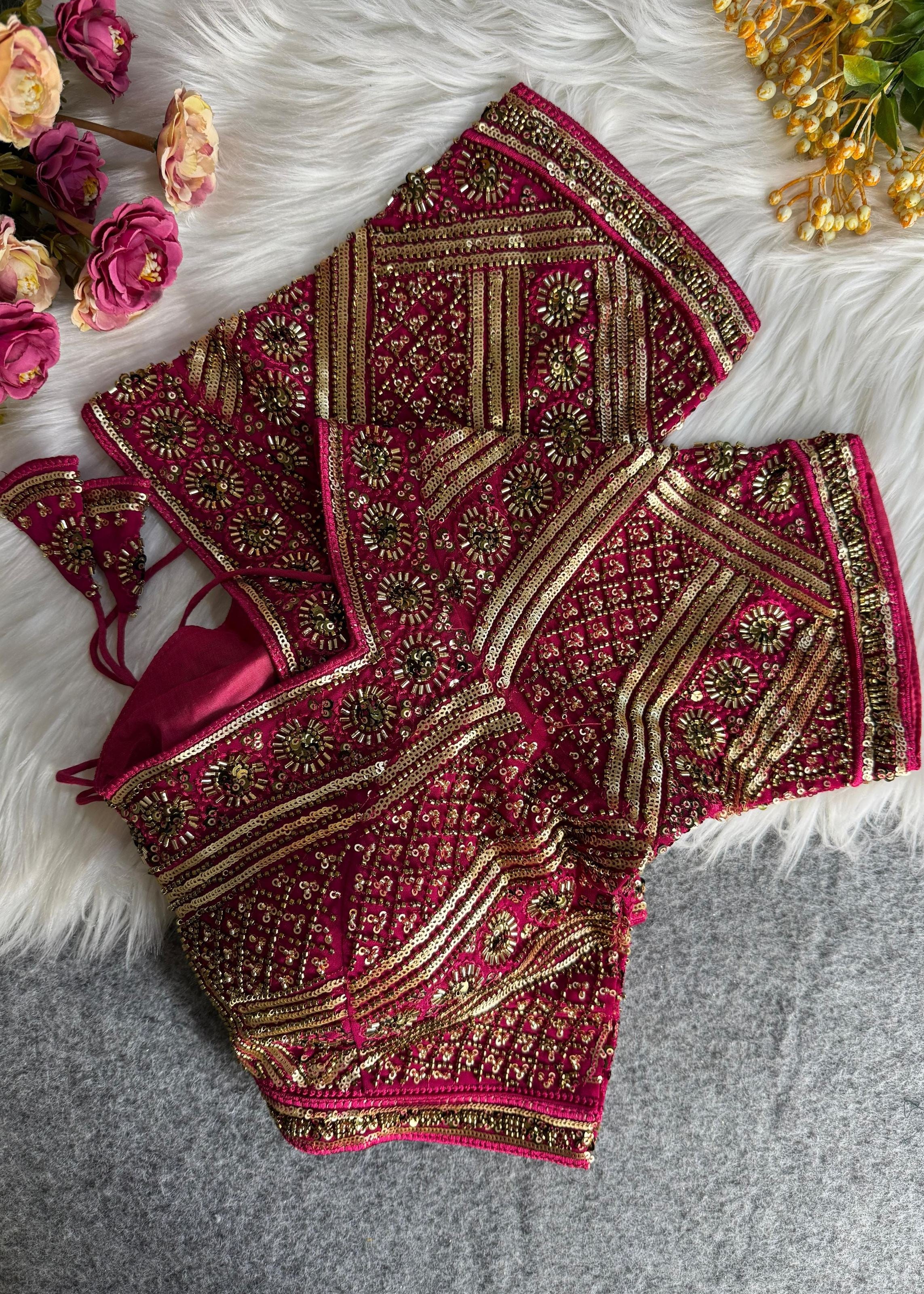 Pink Handcrafted Royal Saree Blouse with Zari & Mirror Work