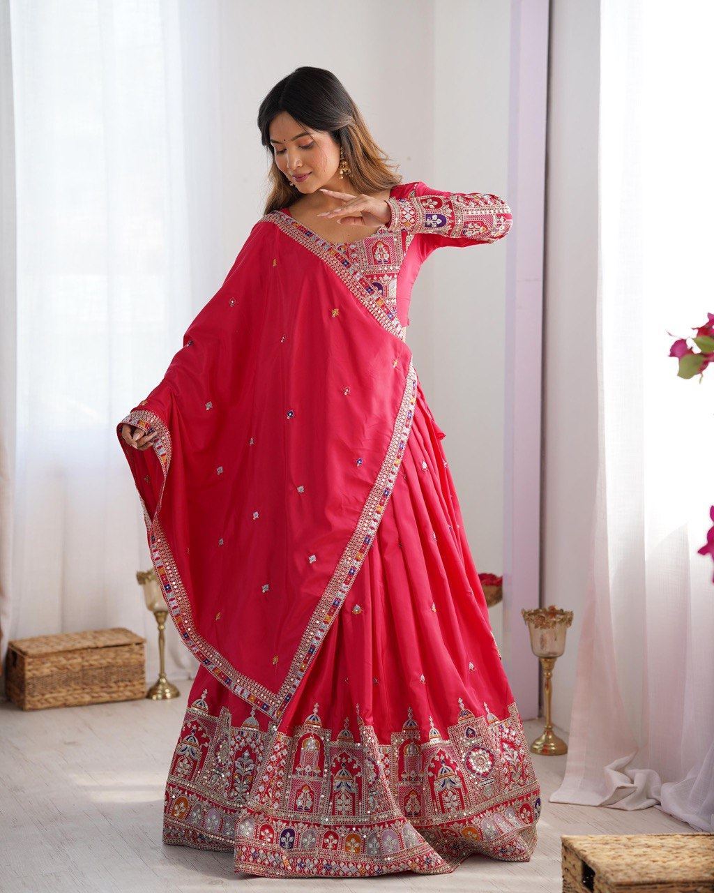 Pink Lehenga Choli With Coding Dori With Thread Sequnce Work