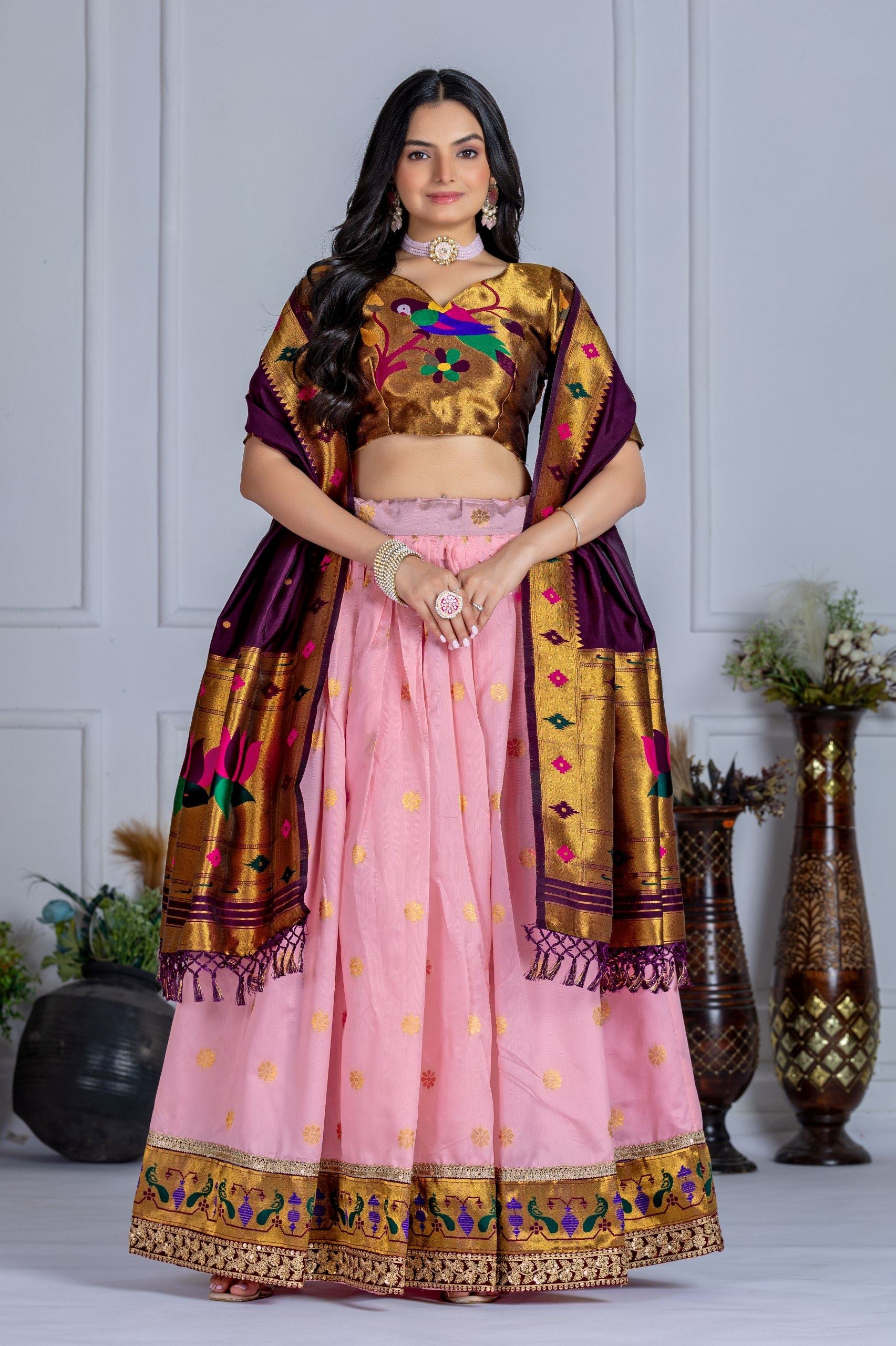 Pink Lehenga Choli With Jacquard With Zari Weaving With Embroidery Lace Attached