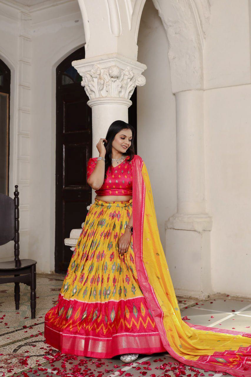 Pink Lehenga Choli With Patola Print and Foil Work Belt