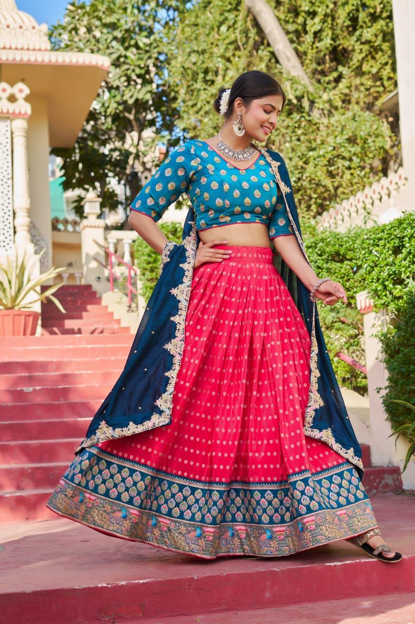 Pink Lehenga Choli with Viscose Position Print and Jacquard Touch-Up