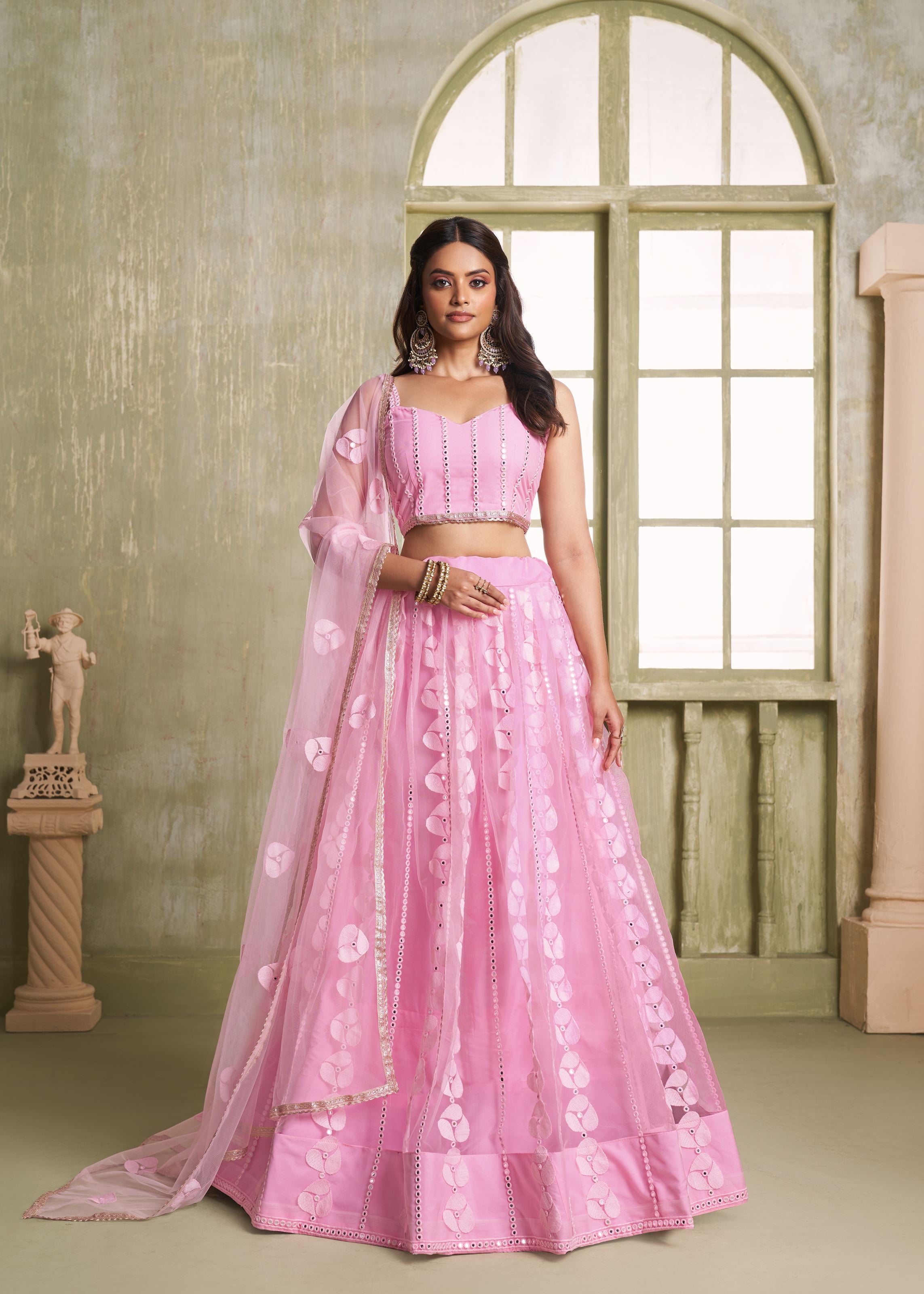 Pink Net Lehenga with Readymade Lace Tone Zari Work
