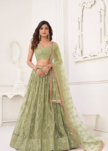 PistaGreen Net Lehenga Choli With Thread Embroidery Real Mirror Work