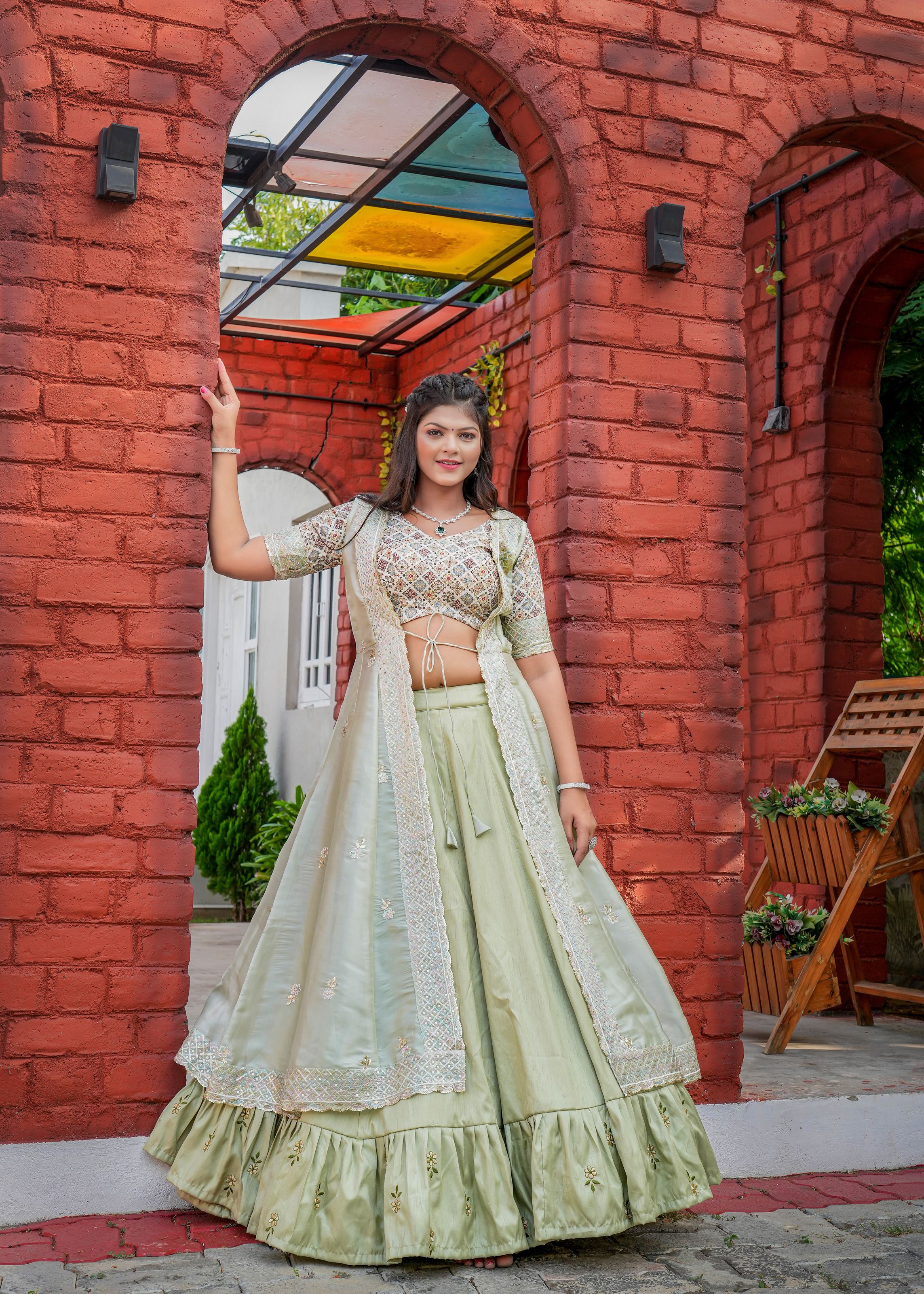 Pista Lehenga Choli With Heavy Embroidery Work