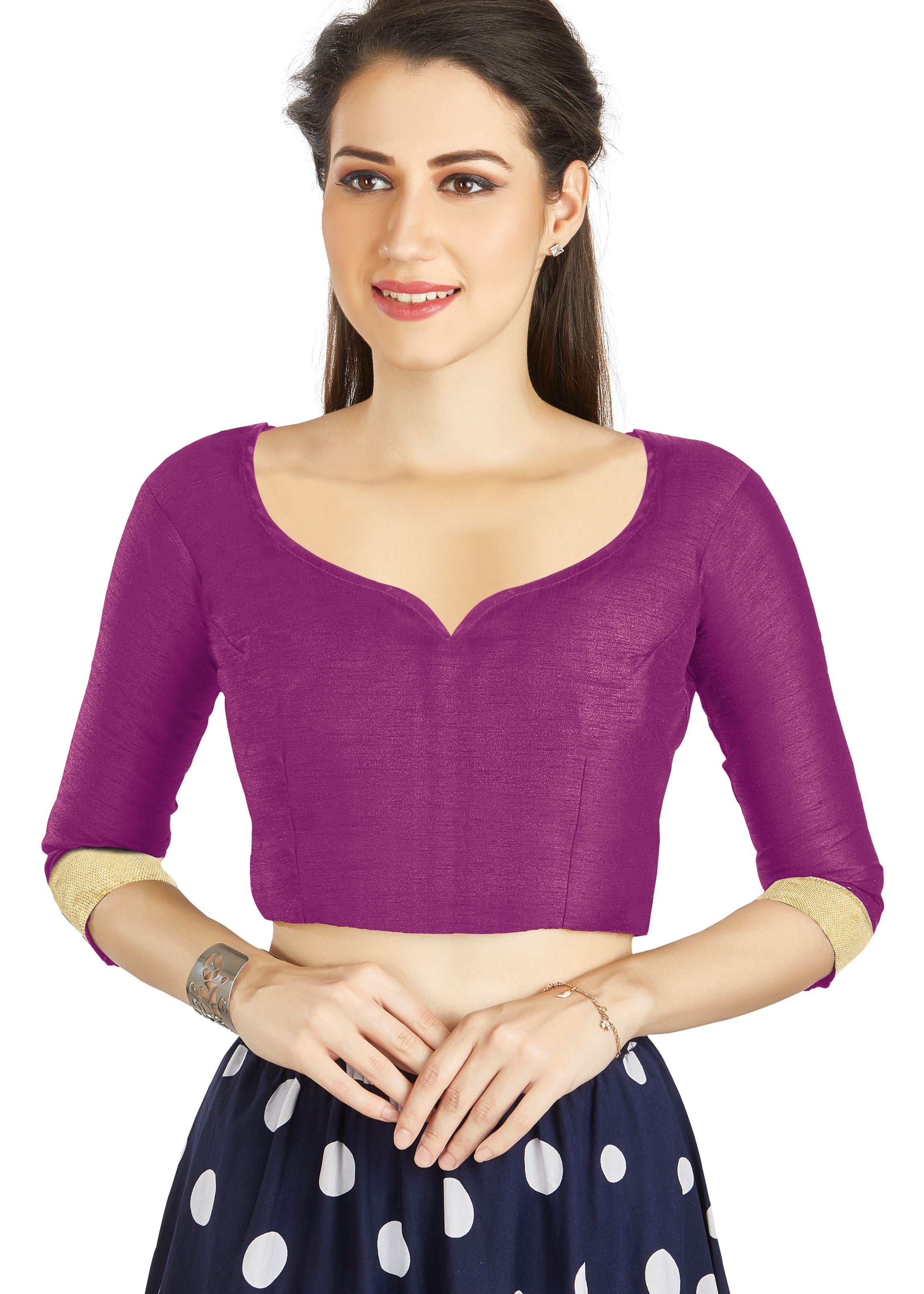 Purple Art Silk Sweet Heart Neck style Blouse With Matty in Sleeves