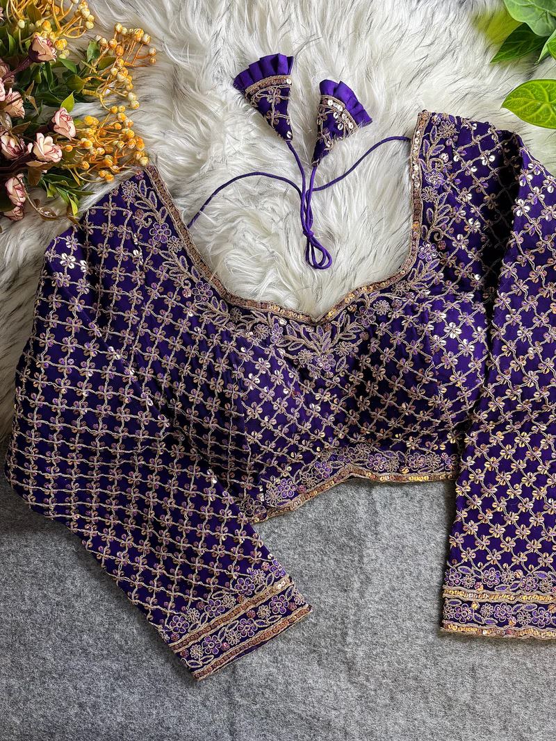 Purple Bridal Blouse with Full Sleeves, U-Neck & Heavy Floral Sequin Work