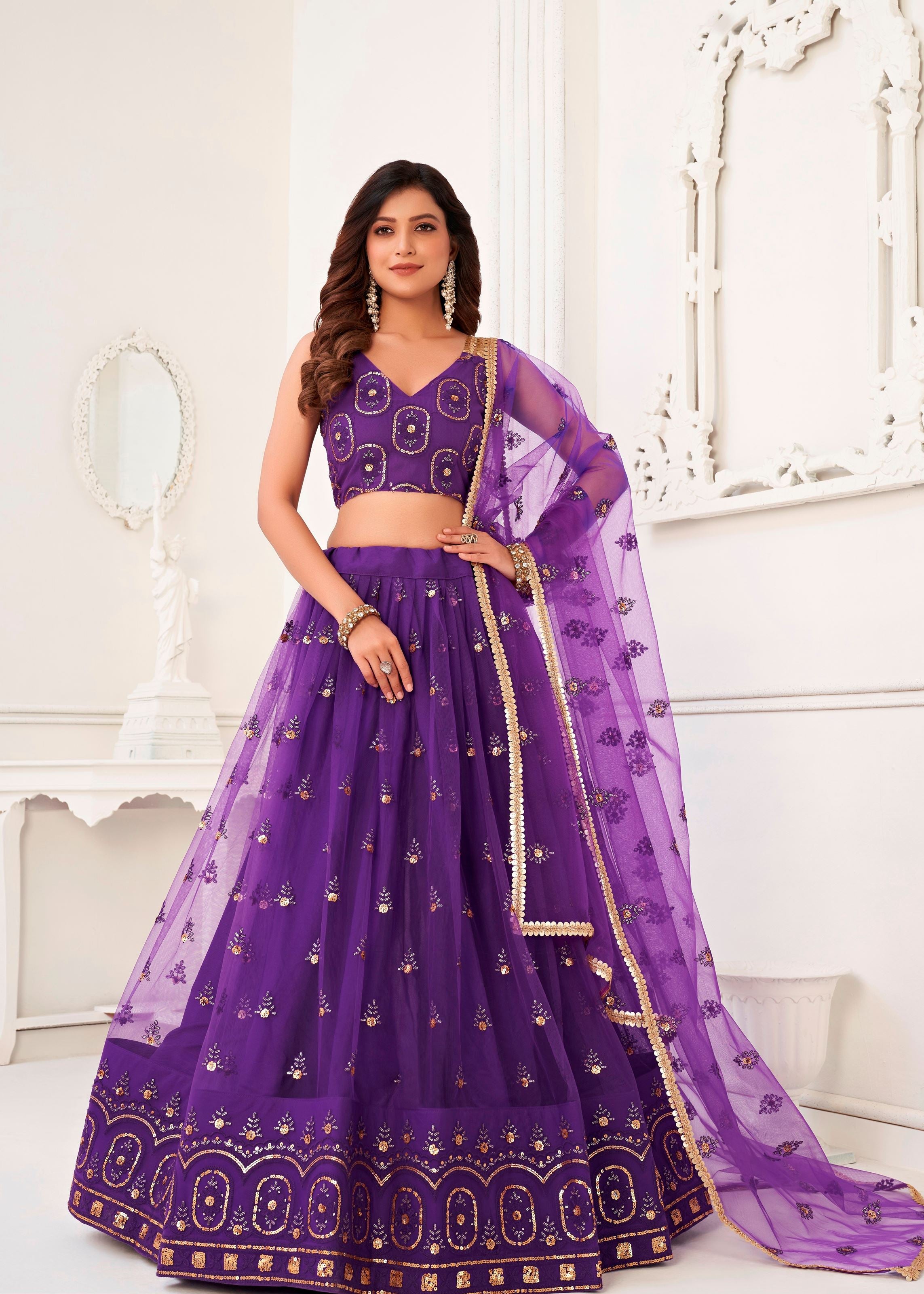 Purple Butterfly Net Lehenga Choli With Thread And Zari Sandwich Sequence Embroidery Work