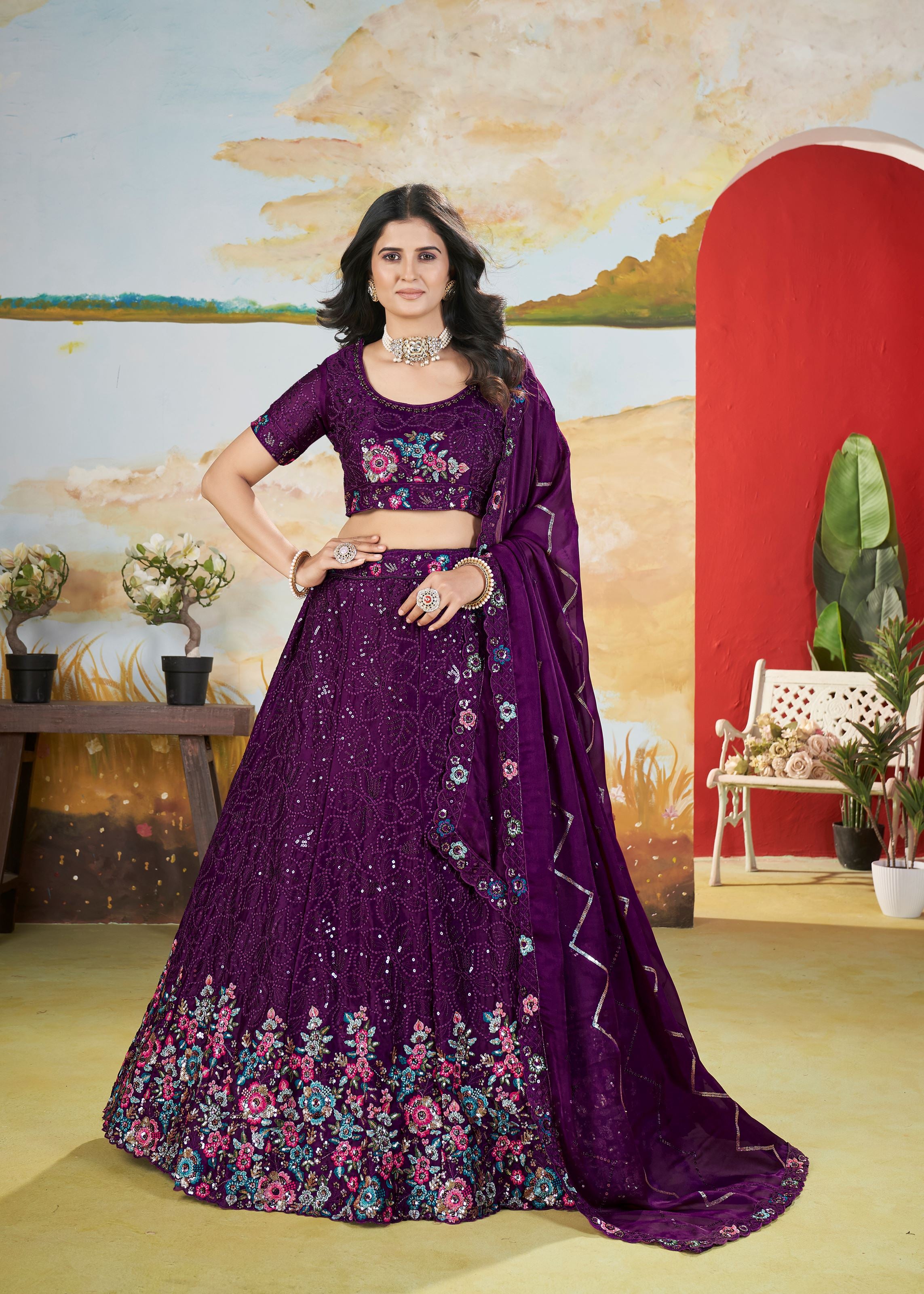 Purple Chinnon Lehenga with Copper Sequin Floral Threadwork