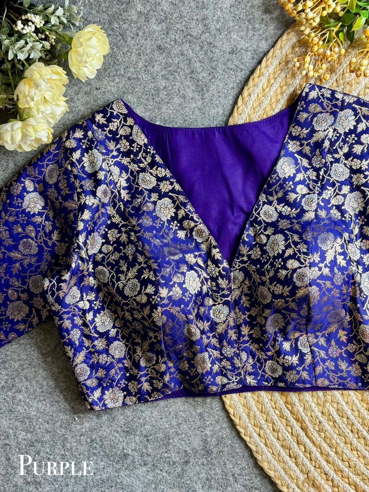 Purple Designer Blouse with V-Neck & Golden Brocade Floral Weave