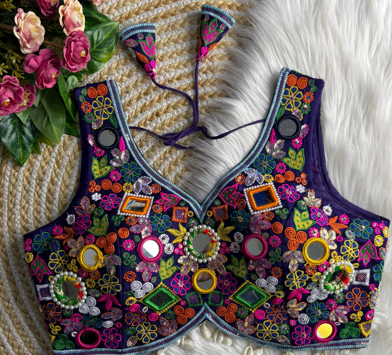 Purple Fancy Design Apple Cut Blouse With Gamthi Lace Real Multi Mirror Work