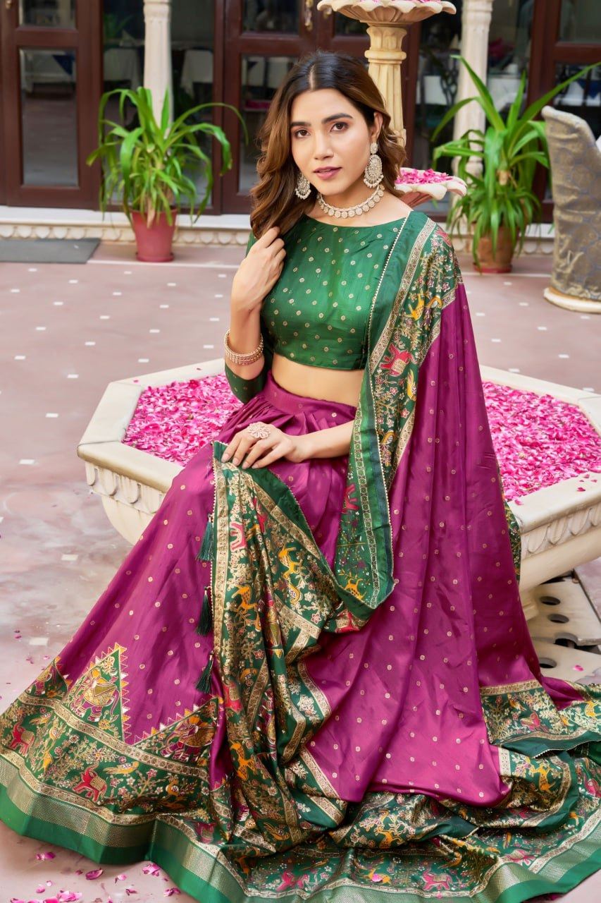 Purple Lehenga Choli With Bandhej and Ajrakh Print