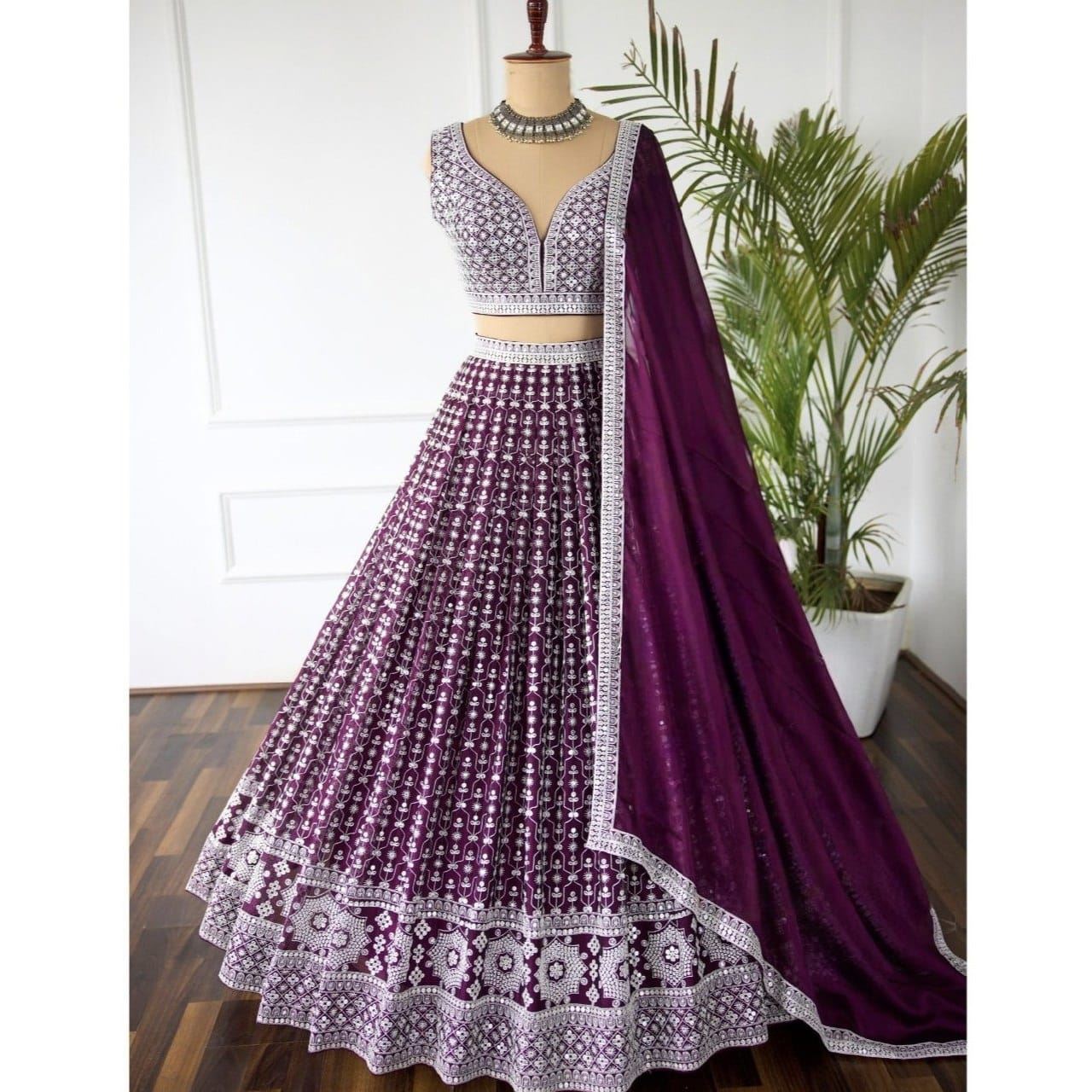 Purple Lehenga Choli With Sequins With Cotton Thread Embroidery Work