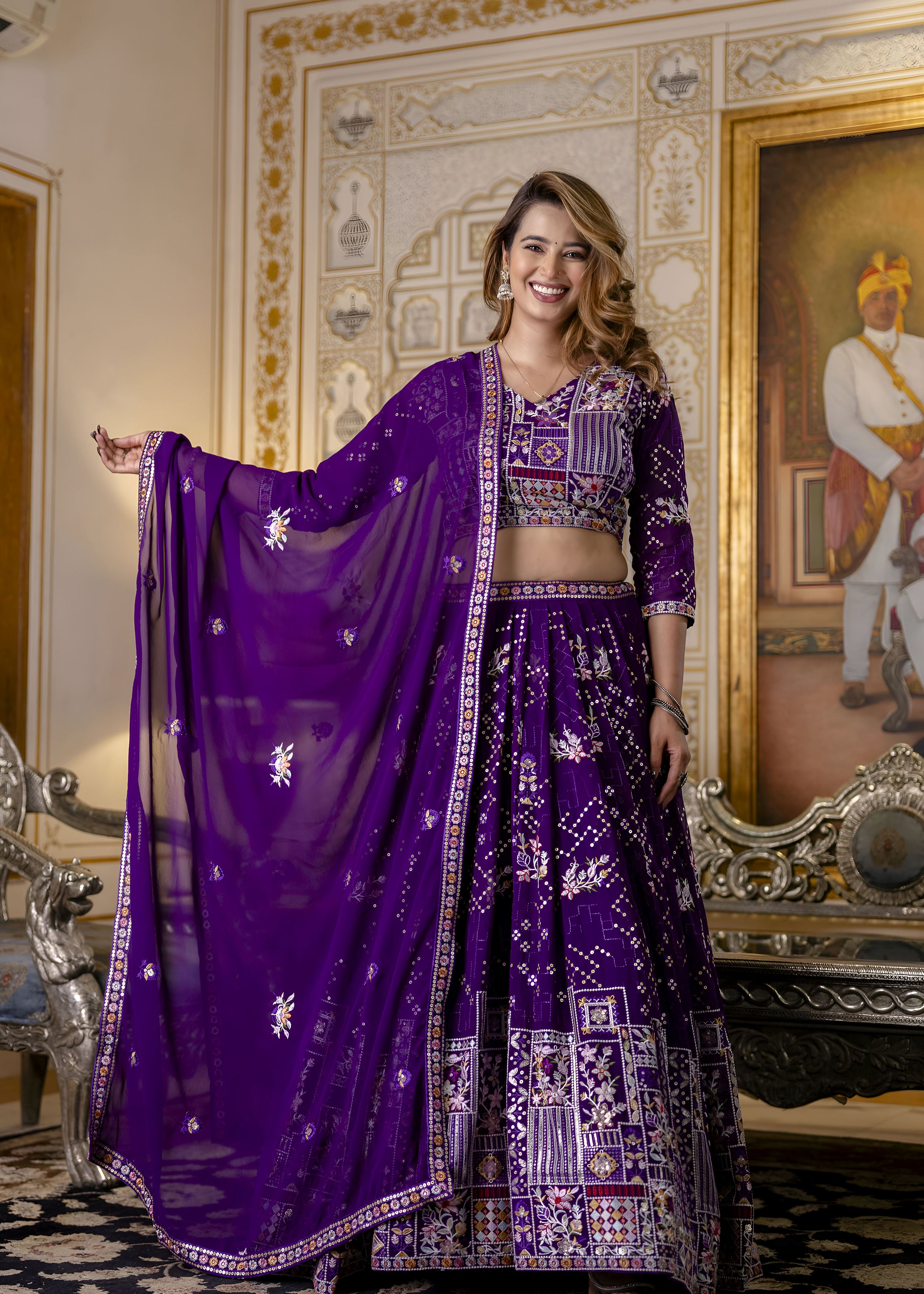 Purple Lehenga Choli with Heavy Embroidery, Sequence work
