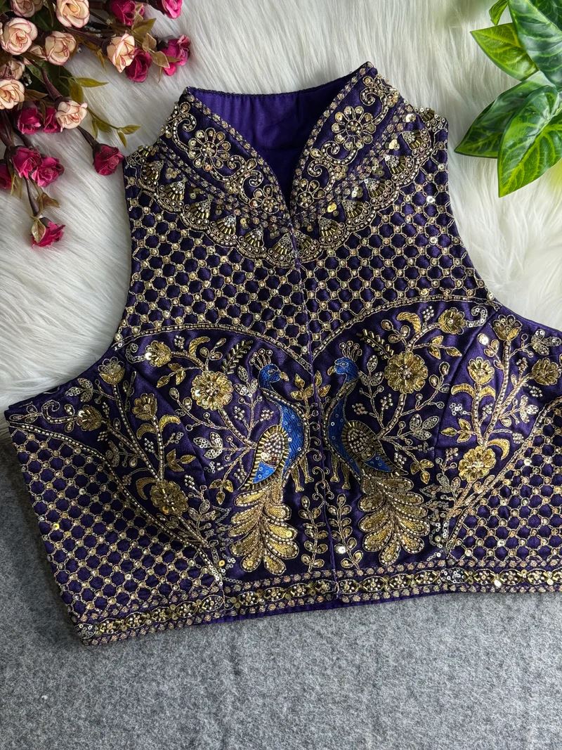 Purple Peacock Embroidered Blouse with High Neck & Mirror Work